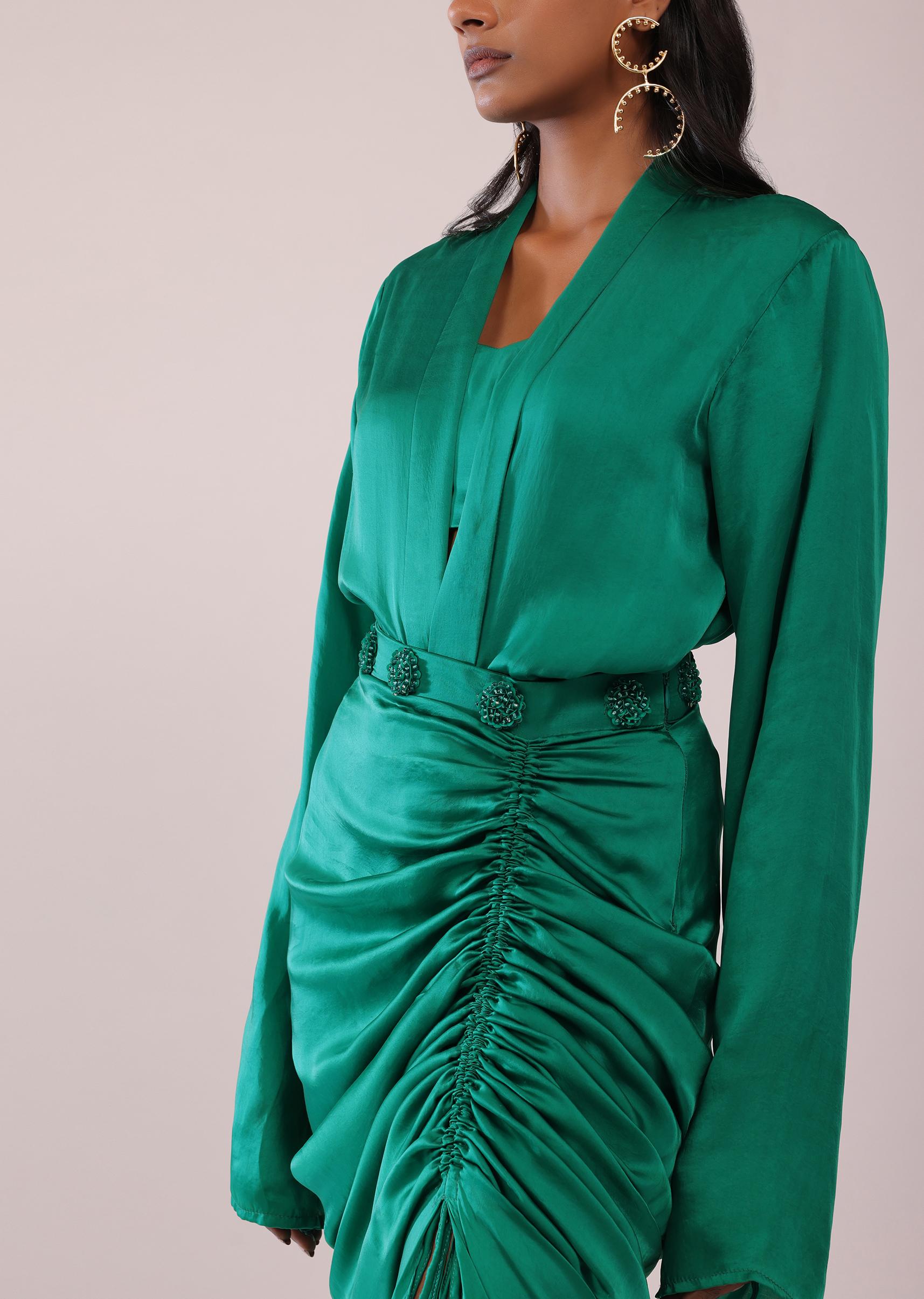 Kalki Fashion,SG149485,Jade Green Shirt And Skirt Set With Bustier In Satin