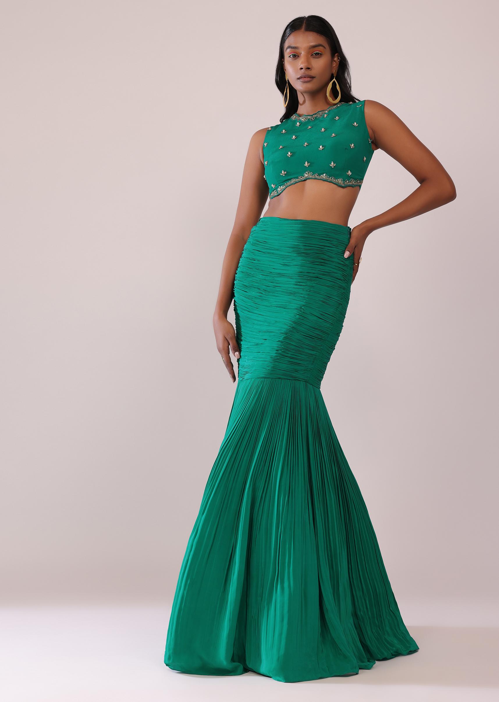 Kalki Fashion,SG147398,Jade Green Skirt And Blouse Set In Crepe With Hand Work