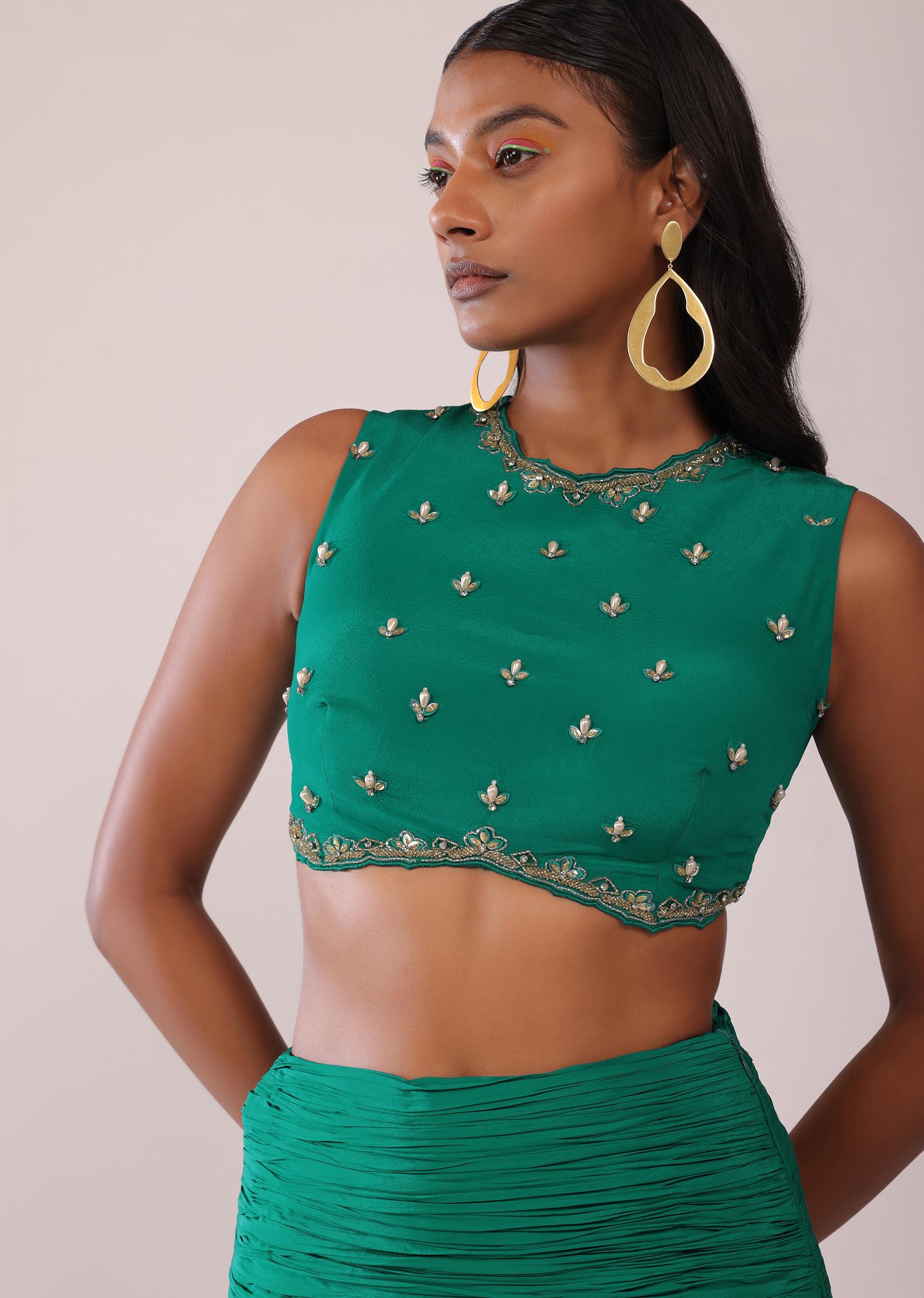 Kalki Fashion,SG147398,Jade Green Skirt And Blouse Set In Crepe With Hand Work