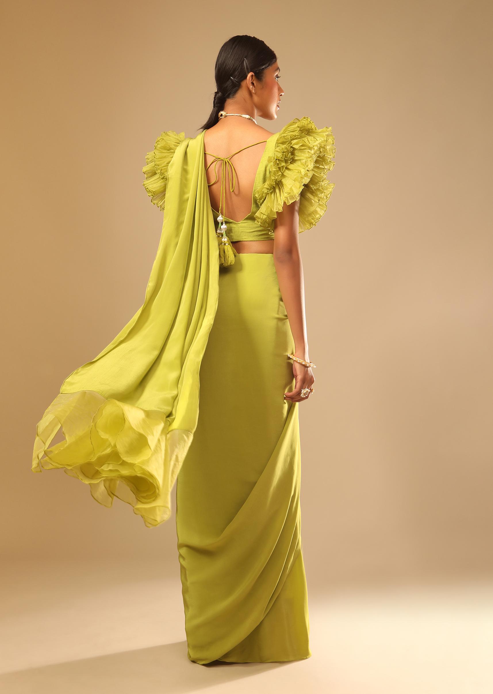 Kalki Fashion,M001AT385Y-SG73173,Lime Green Saree In Crepe With Elaborate Ruffle Sleeved Crop Top And Heavy Stone Embroidered Belt