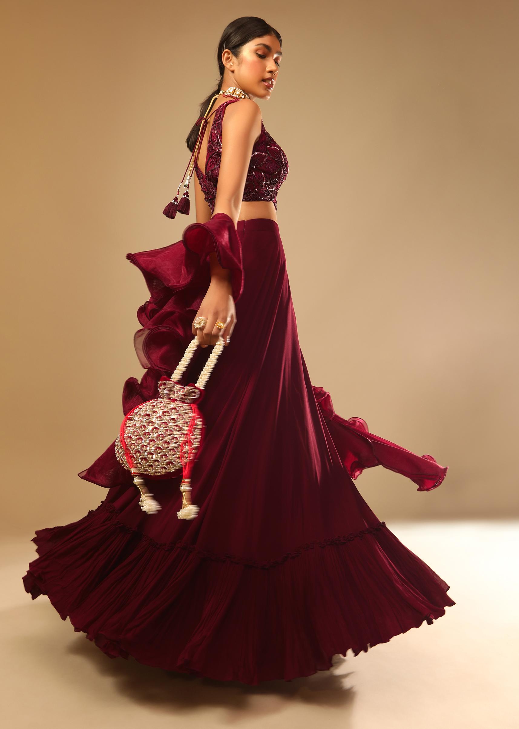 Kalki Fashion,M001G3012Y-SG73162,Maroon Lehenga And Crop Top With Hand Embroidered Leaf Motifs And A Ruffle Dupatta