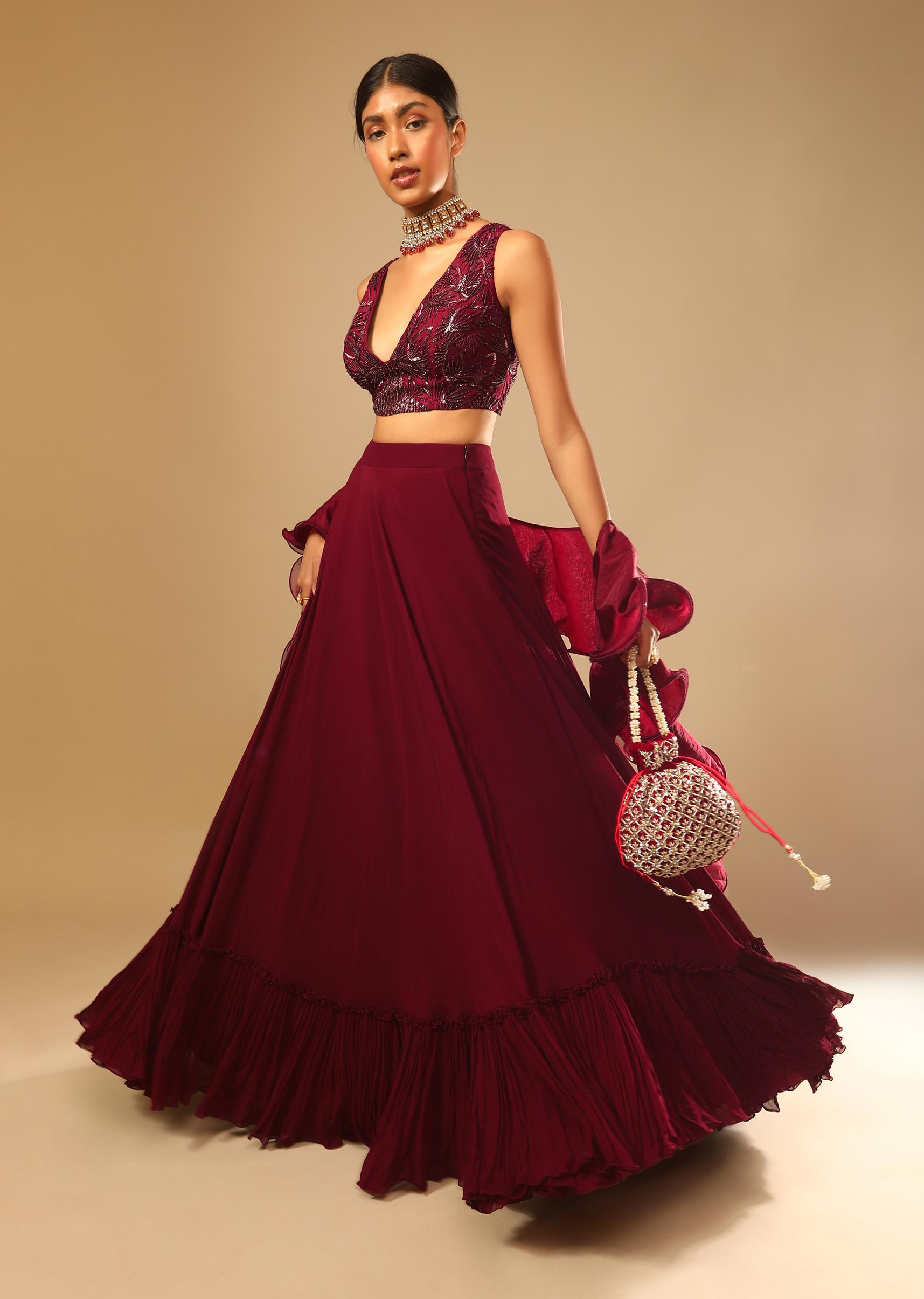 Kalki Fashion,M001G3012Y-SG73162,Maroon Lehenga And Crop Top With Hand Embroidered Leaf Motifs And A Ruffle Dupatta