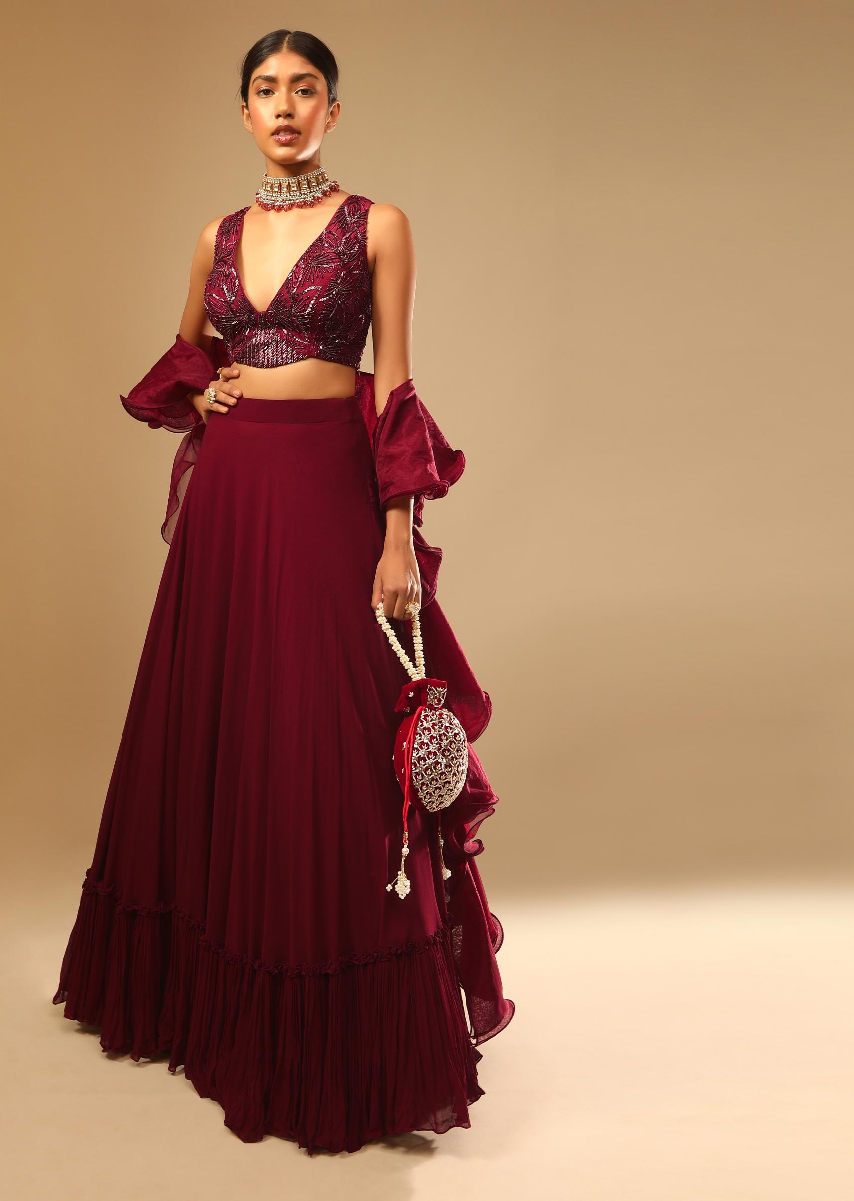 Kalki Fashion,M001G3012Y-SG73162,Maroon Lehenga And Crop Top With Hand Embroidered Leaf Motifs And A Ruffle Dupatta