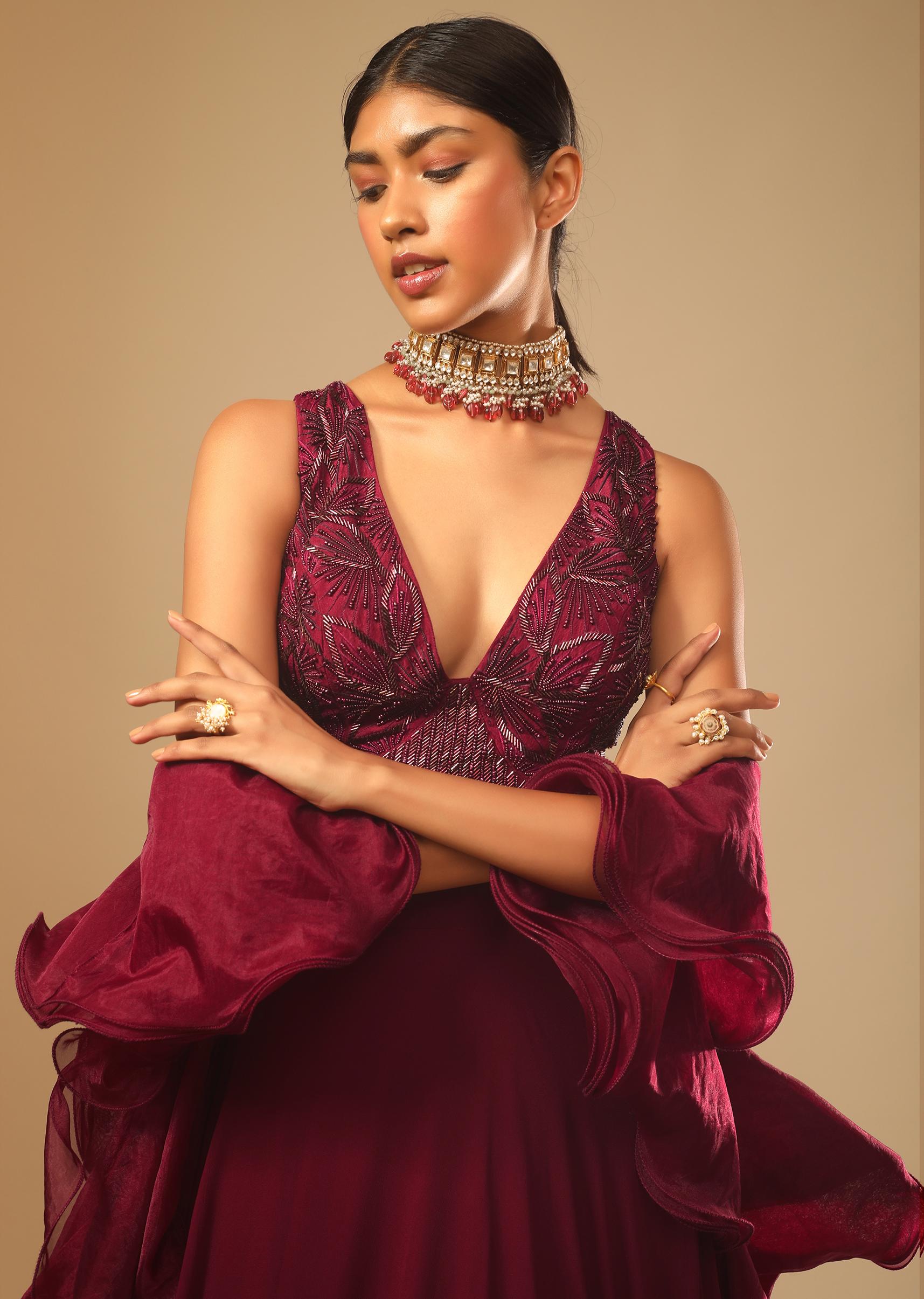 Kalki Fashion,M001G3012Y-SG73162,Maroon Lehenga And Crop Top With Hand Embroidered Leaf Motifs And A Ruffle Dupatta