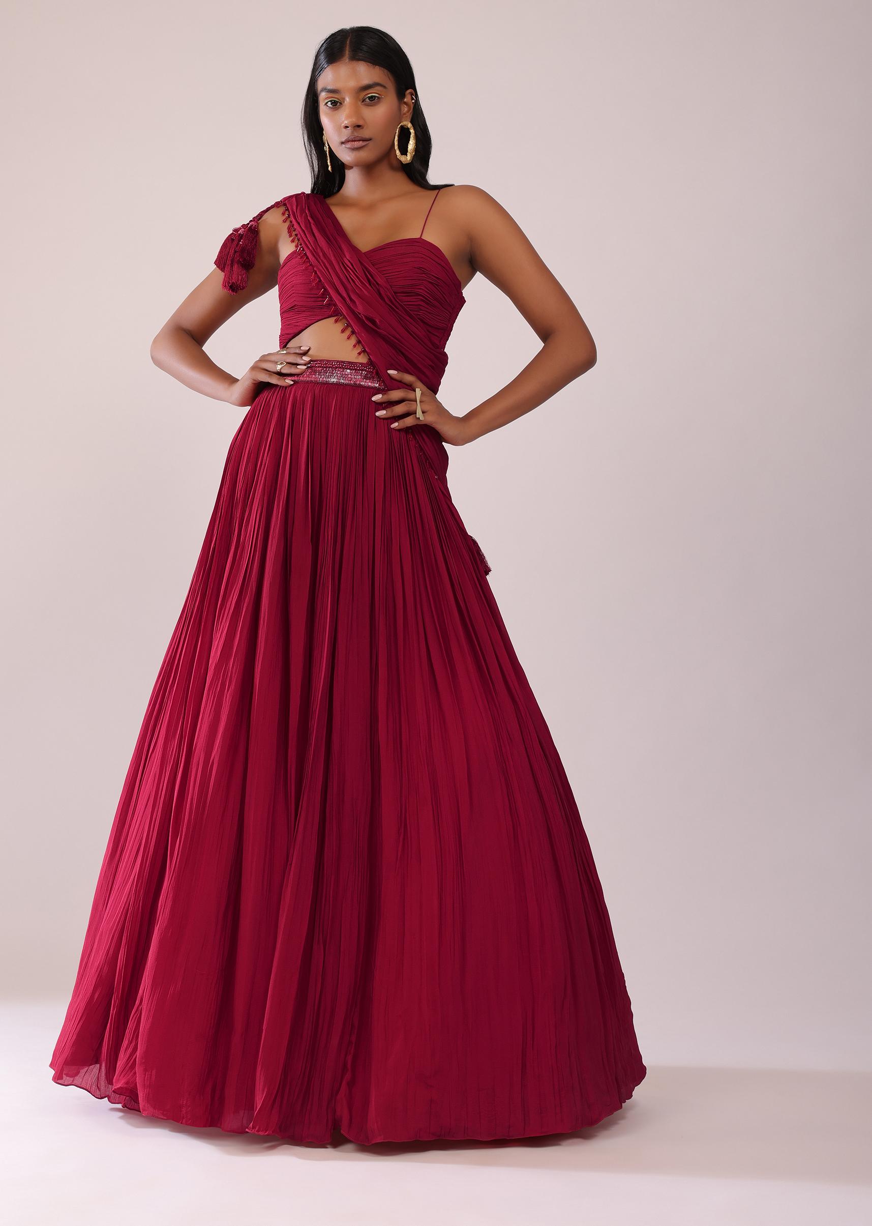 Kalki Fashion,SG149474,Maroon Red Chiffon Lehenga Blouse Set With One Side Shoulder Drape