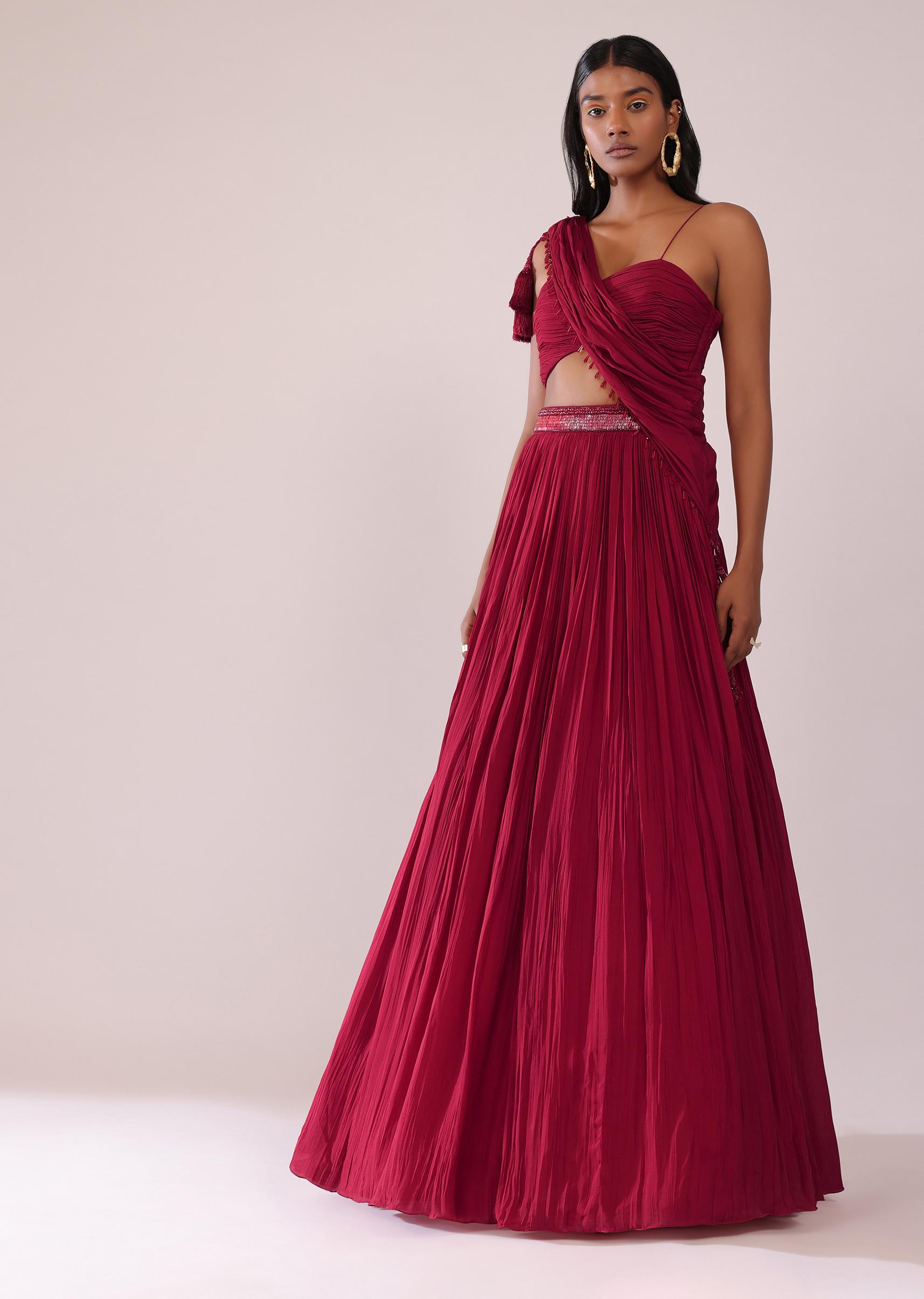 Kalki Fashion,SG149474,Maroon Red Chiffon Lehenga Blouse Set With One Side Shoulder Drape