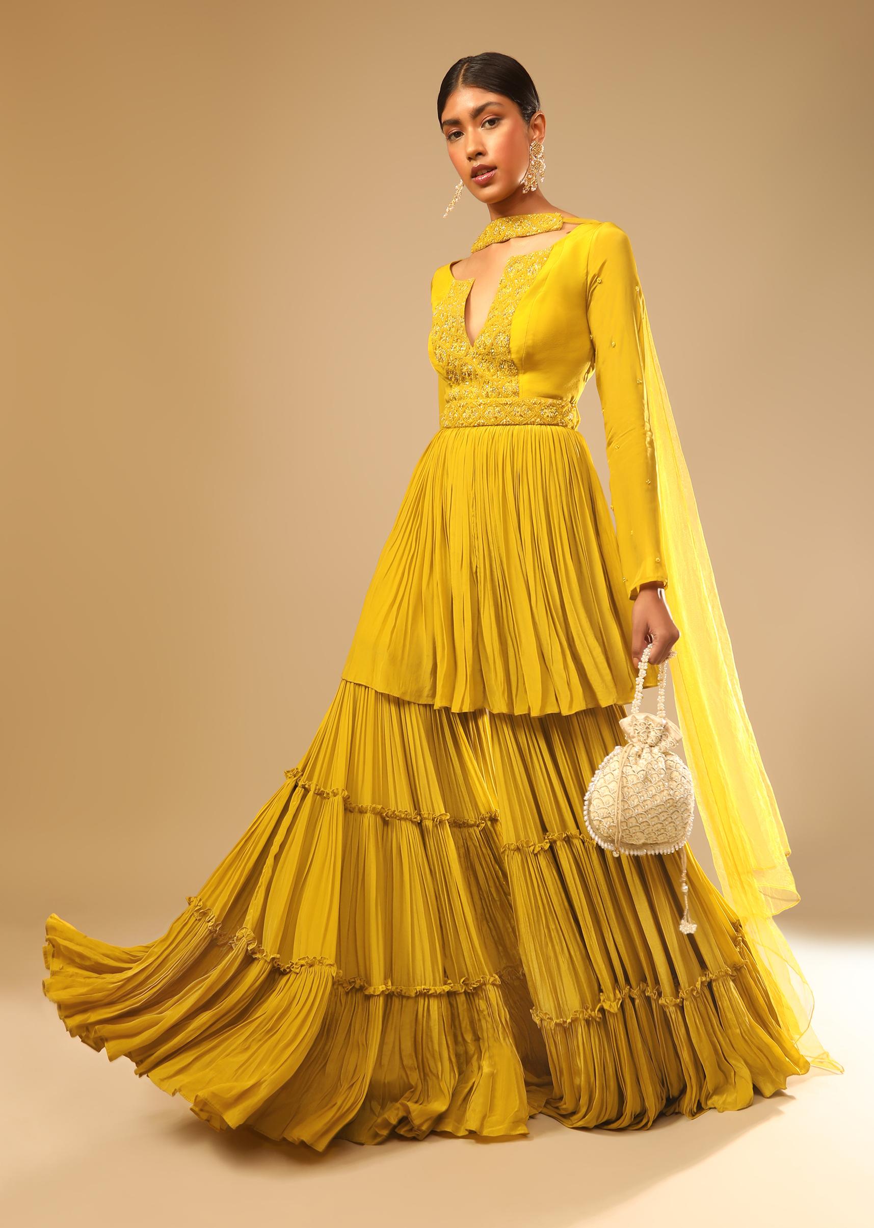 Kalki Fashion,M001RA529Y-SG73720,Mustard Yellow Sharara Suit In Crepe With A Flared Kurti Adorned In 3D Embroidery Along With A Belt