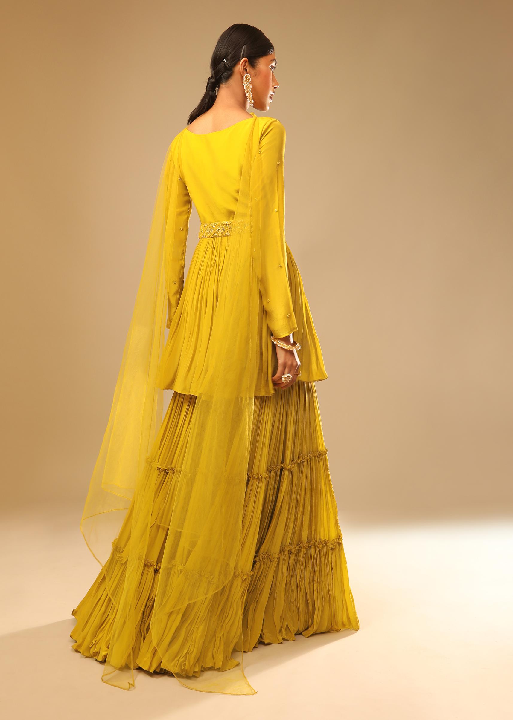 Kalki Fashion,M001RA529Y-SG73720,Mustard Yellow Sharara Suit In Crepe With A Flared Kurti Adorned In 3D Embroidery Along With A Belt