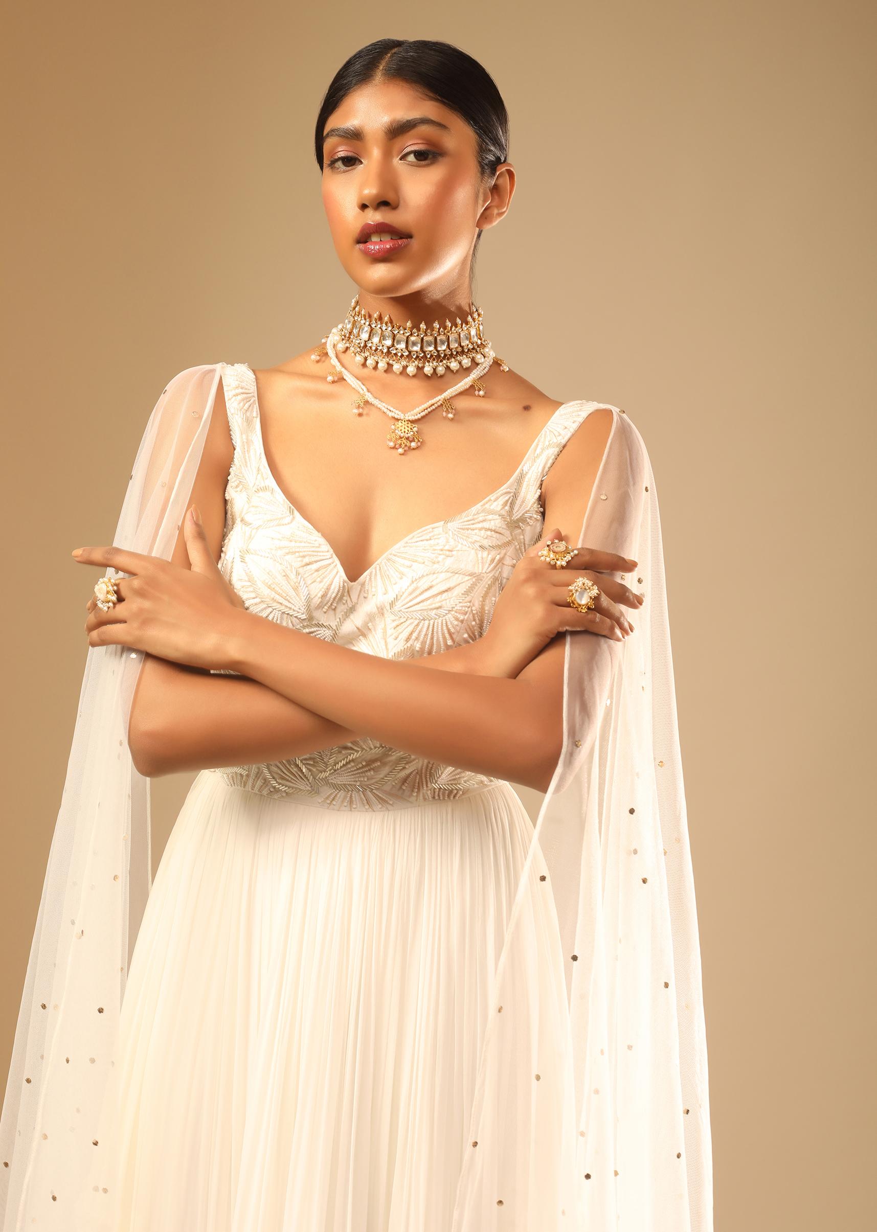 Kalki Fashion,M001G3015Y-SG73163,Off White Gown In Georgette With Tiered Flare And Hand Embroidered Leaf Motifs On The Bodice