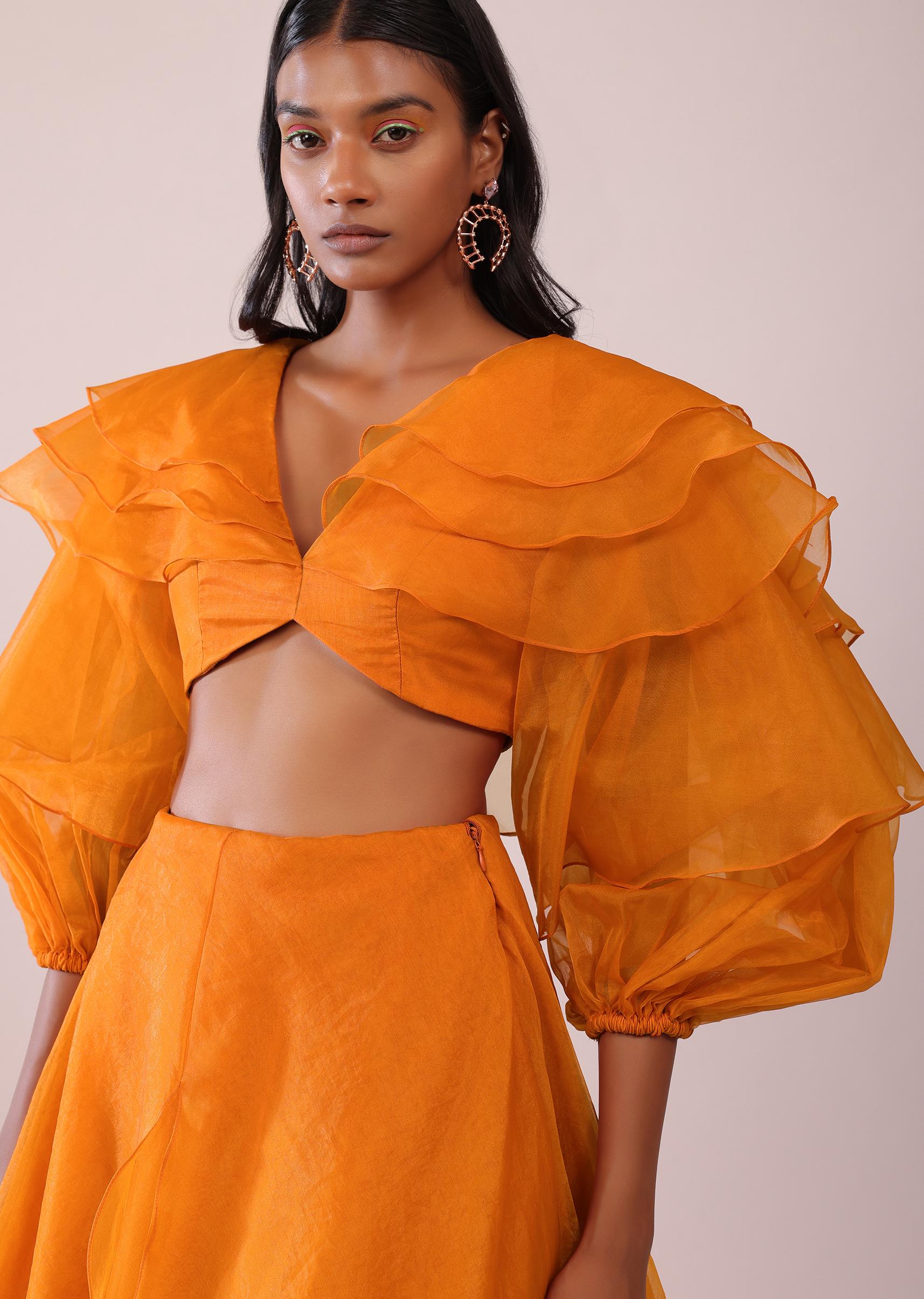 Kalki Fashion,SG149472,Orange Frill Top And Lehenga Set In Organza