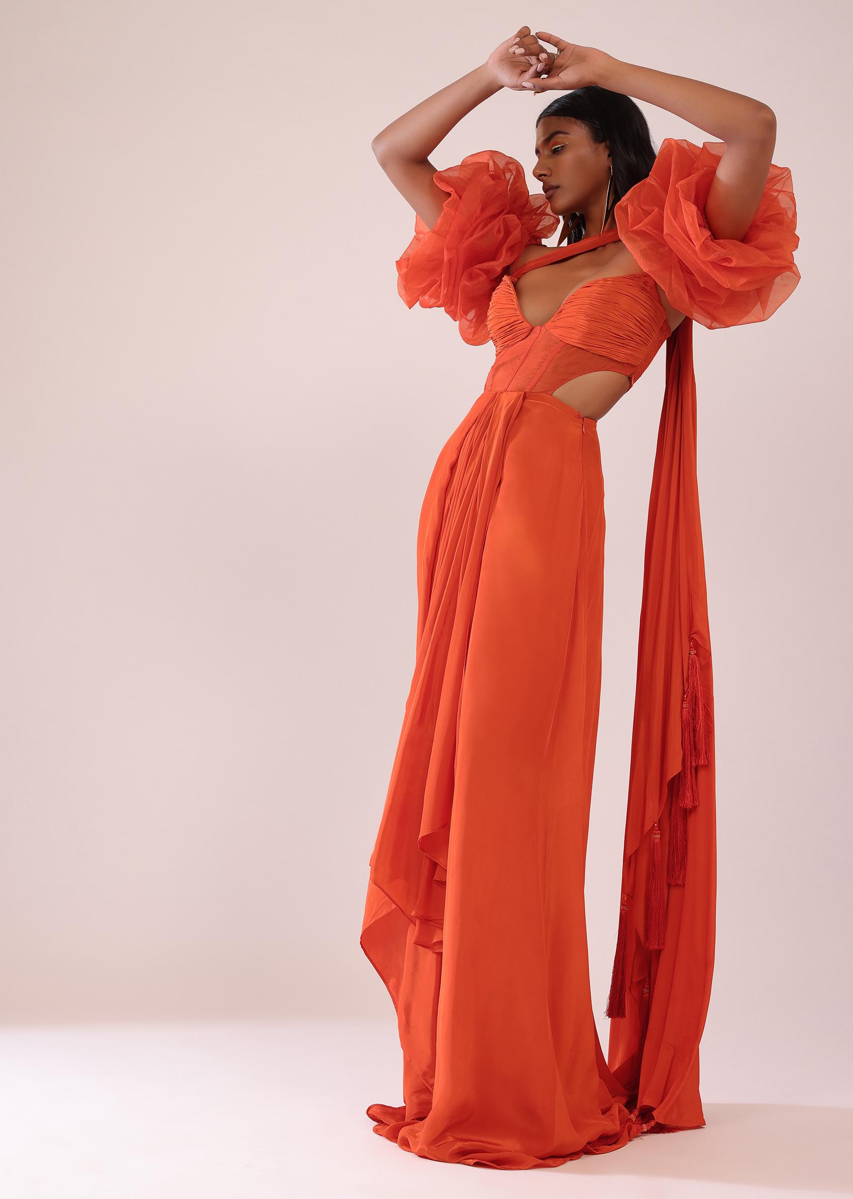 Kalki Fashion,SG149471,Orange Indo-Western Saree Gown In Crepe With Detachable Drama Sleeves In Organza