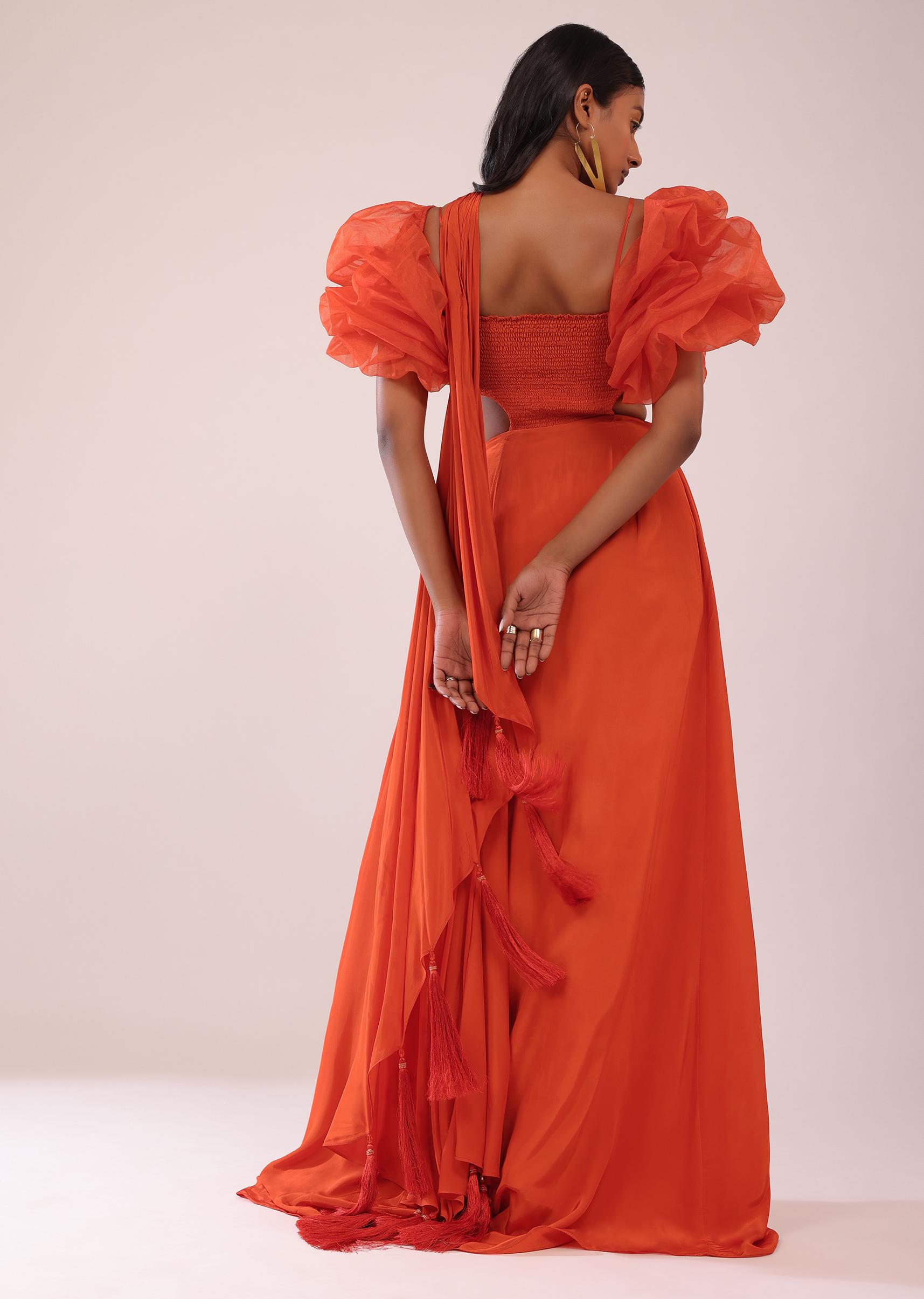 Kalki Fashion,SG149471,Orange Indo-Western Saree Gown In Crepe With Detachable Drama Sleeves In Organza