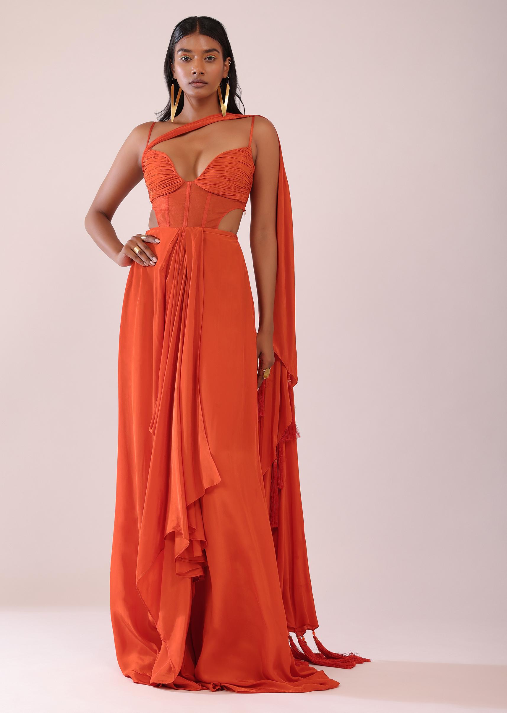 Kalki Fashion,SG149471,Orange Indo-Western Saree Gown In Crepe With Detachable Drama Sleeves In Organza