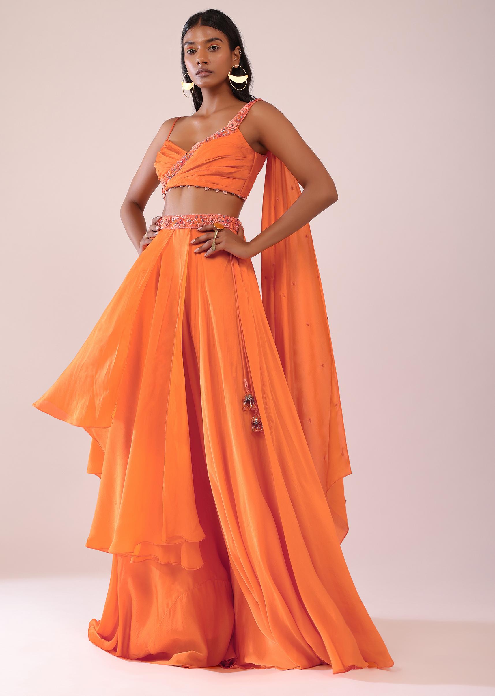 Kalki Fashion,SG147487,Orange Satin Organza Drape Lehenga And Blouse Set With Attached Pallu