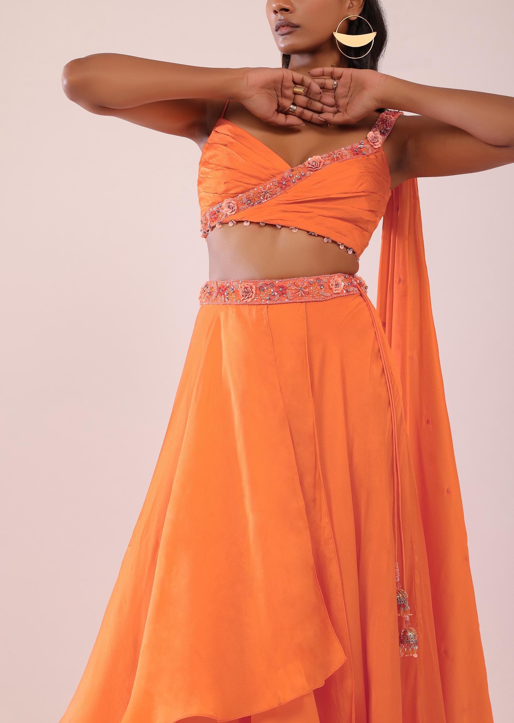 Kalki Fashion,SG147487,Orange Satin Organza Drape Lehenga And Blouse Set With Attached Pallu