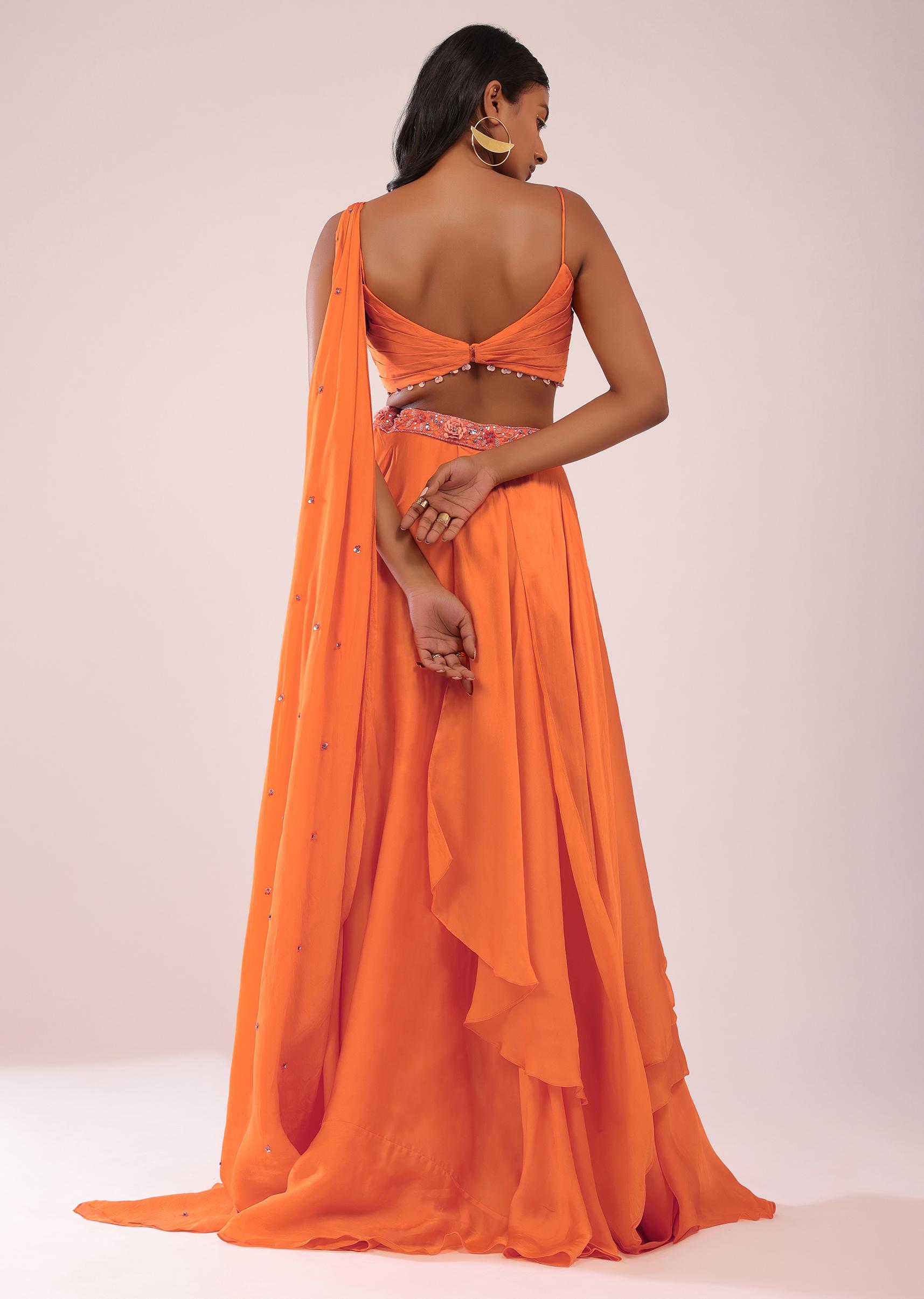 Kalki Fashion,SG147487,Orange Satin Organza Drape Lehenga And Blouse Set With Attached Pallu