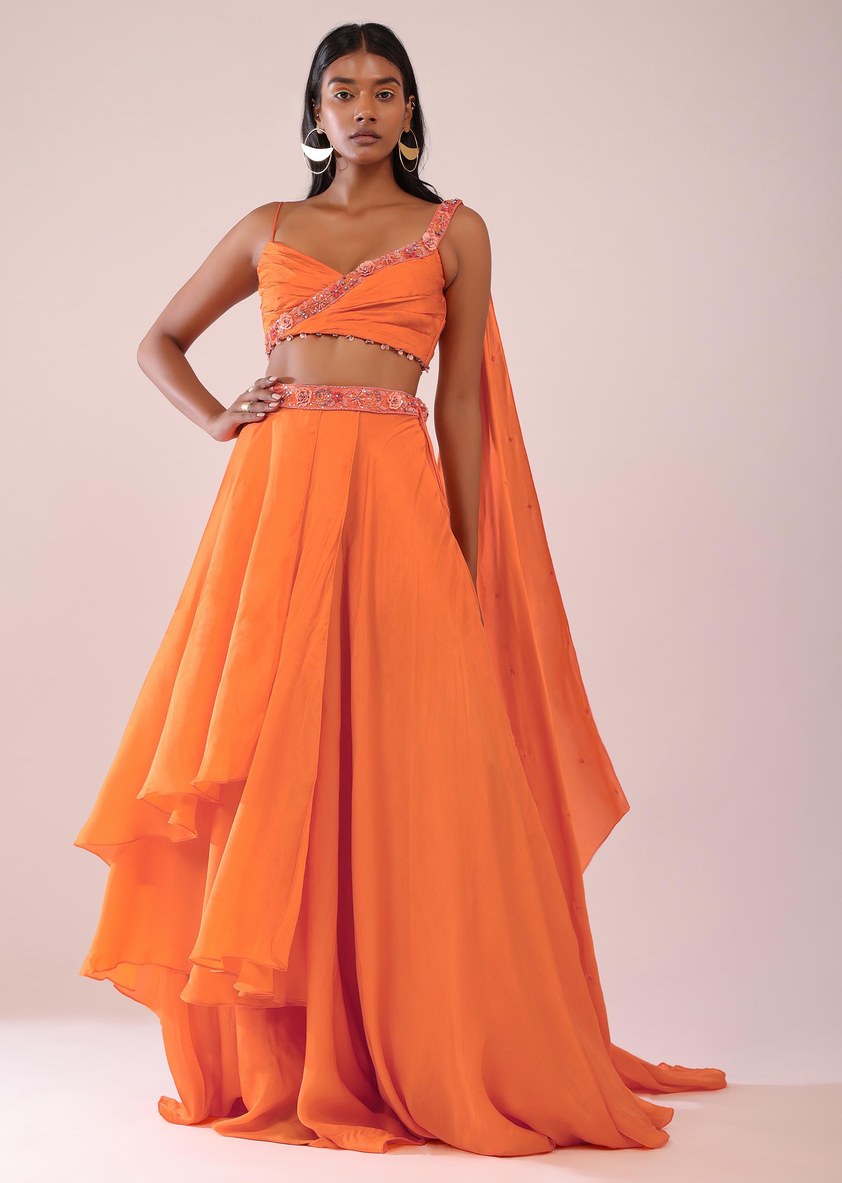 Kalki Fashion,SG147487,Orange Satin Organza Drape Lehenga And Blouse Set With Attached Pallu