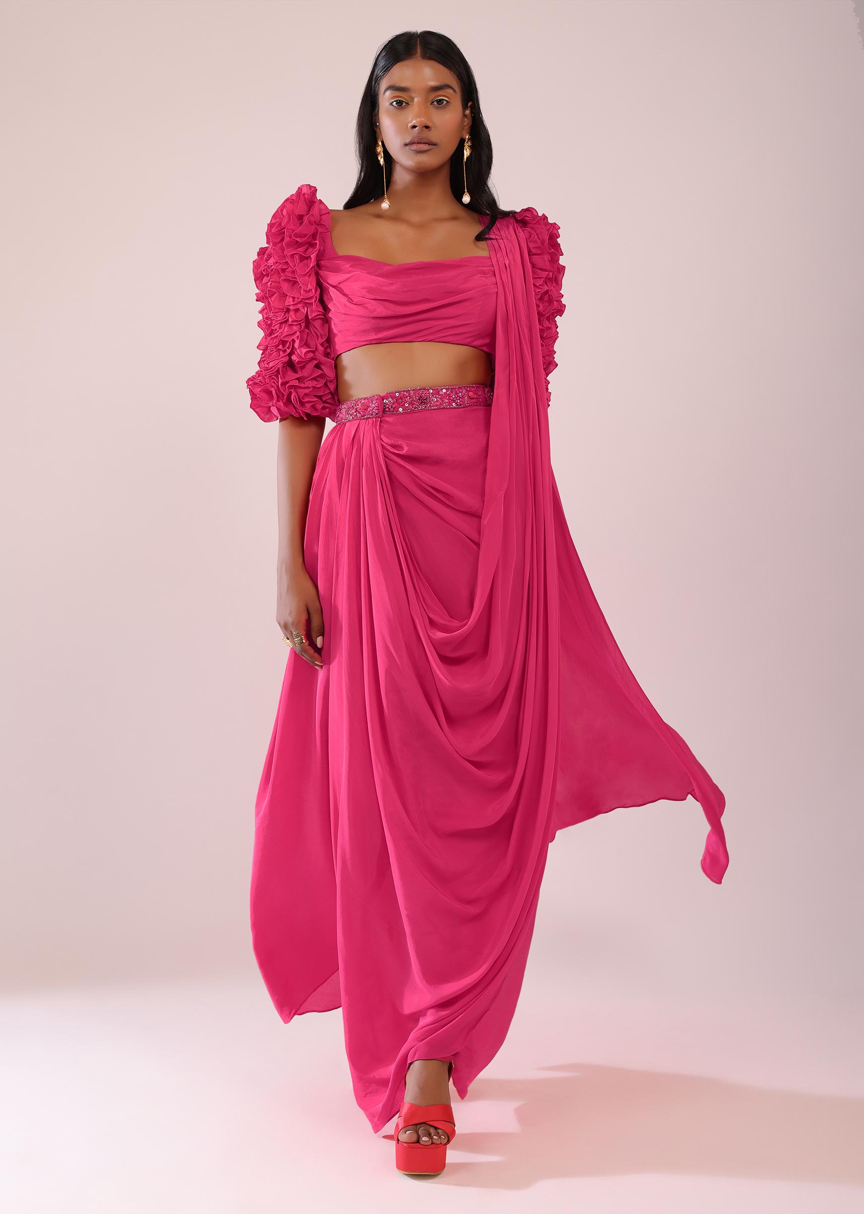 Kalki Fashion,SG147489,Rani Pink Hand Worked Drape Saree With Fancy Blouse In Crepe