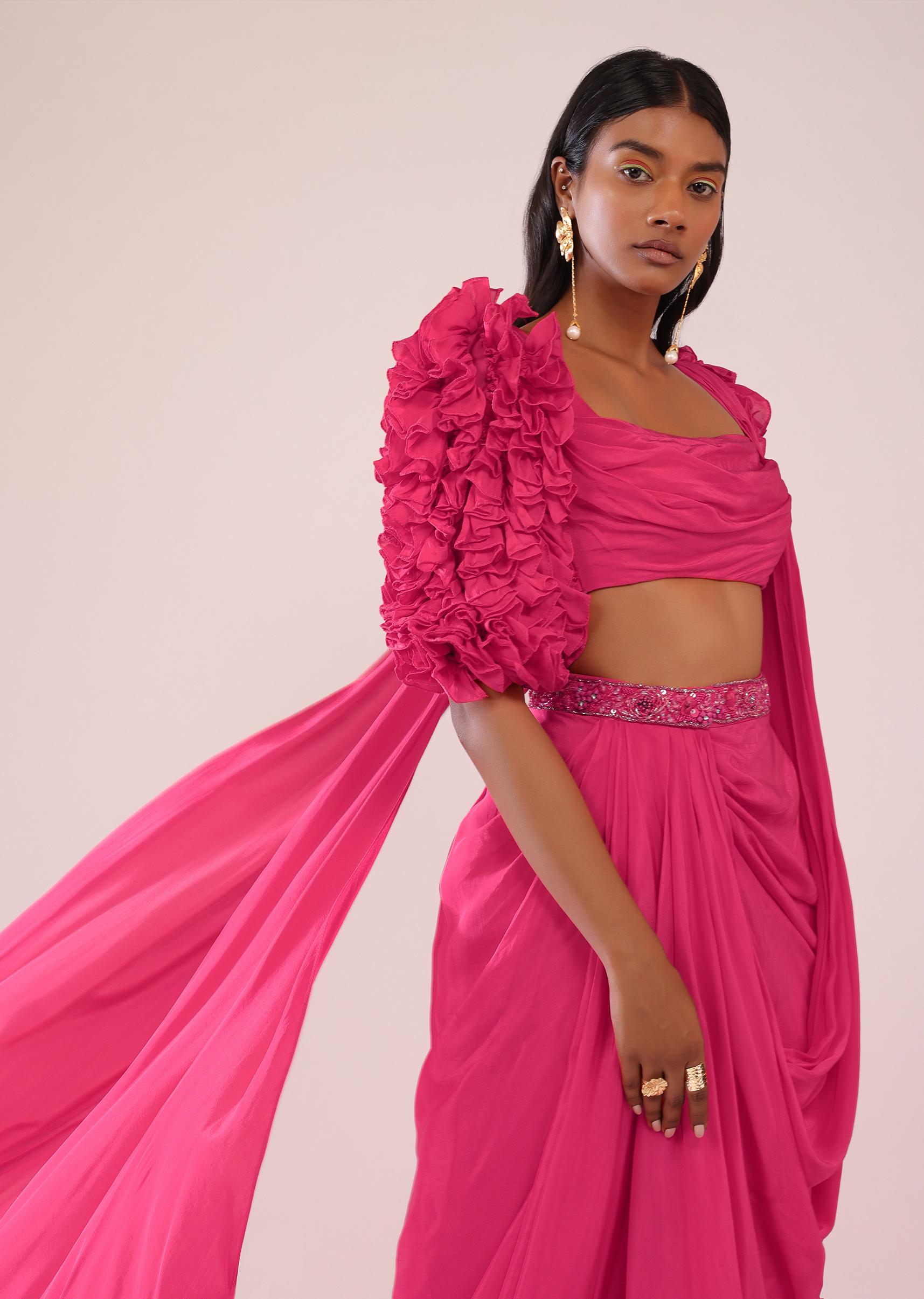 Kalki Fashion,SG147489,Rani Pink Hand Worked Drape Saree With Fancy Blouse In Crepe