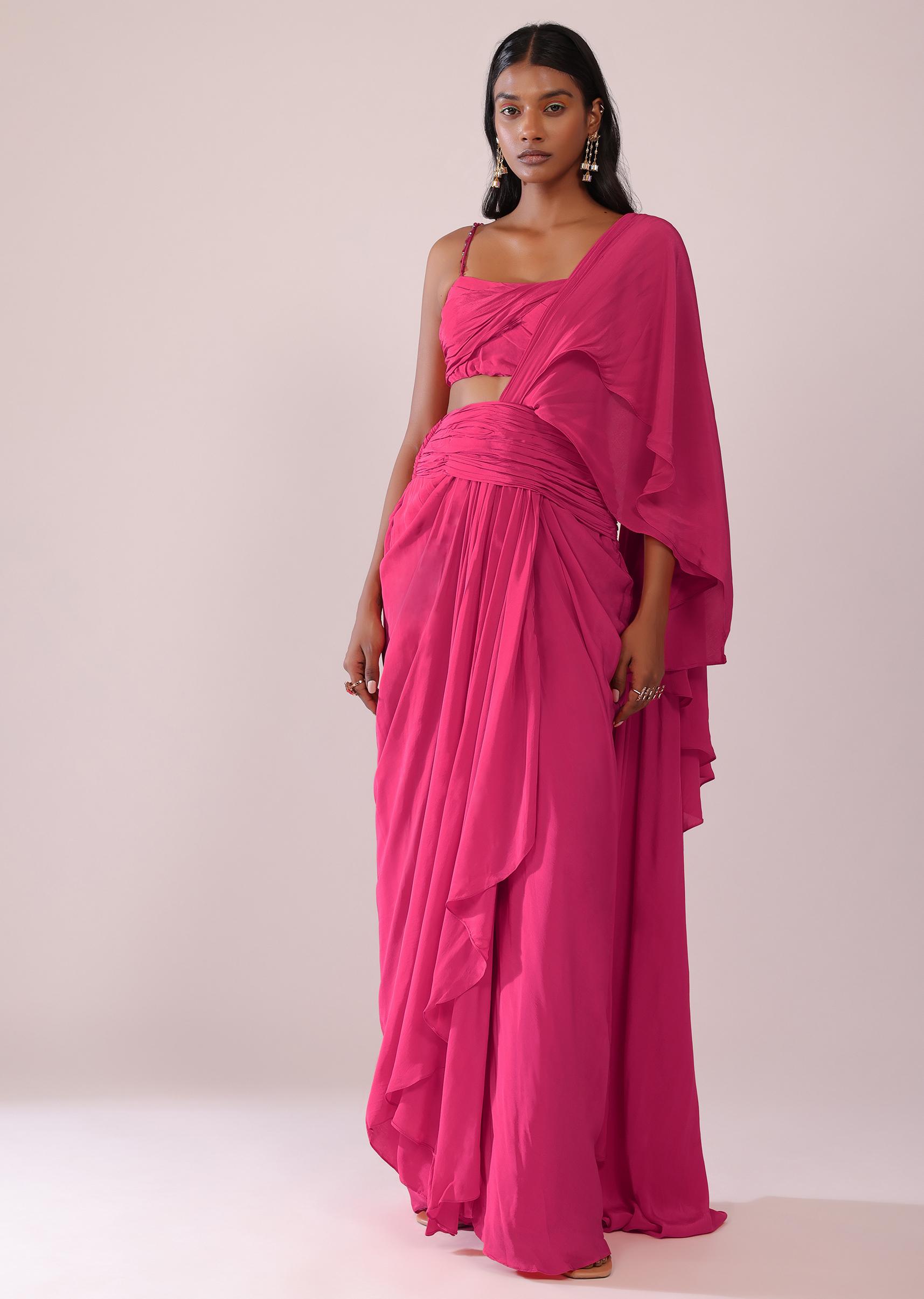 Kalki Fashion,SG147490,Rani Pink Indo-Western Drape Saree And Blouse Crepe