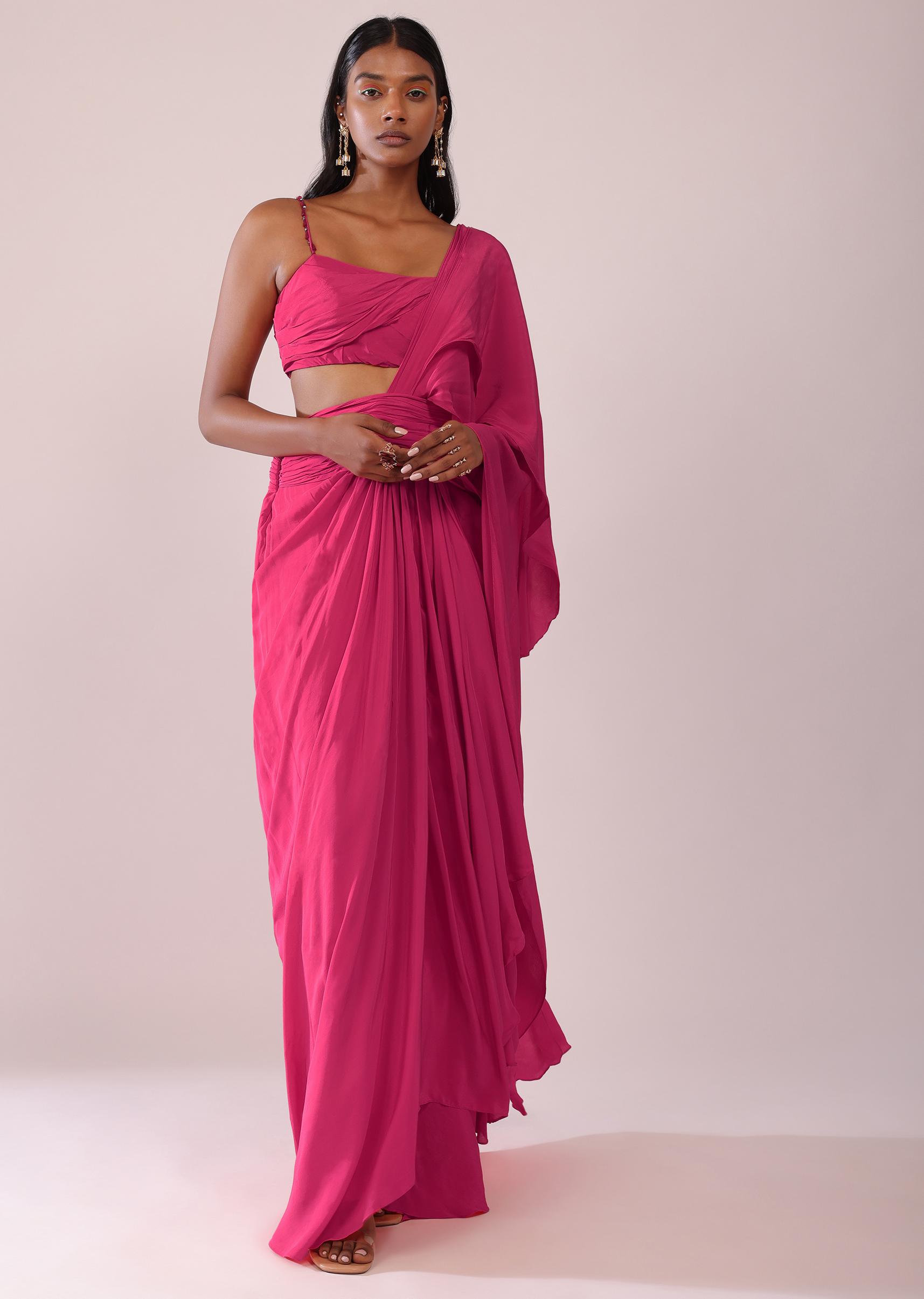 Kalki Fashion,SG147490,Rani Pink Indo-Western Drape Saree And Blouse Crepe