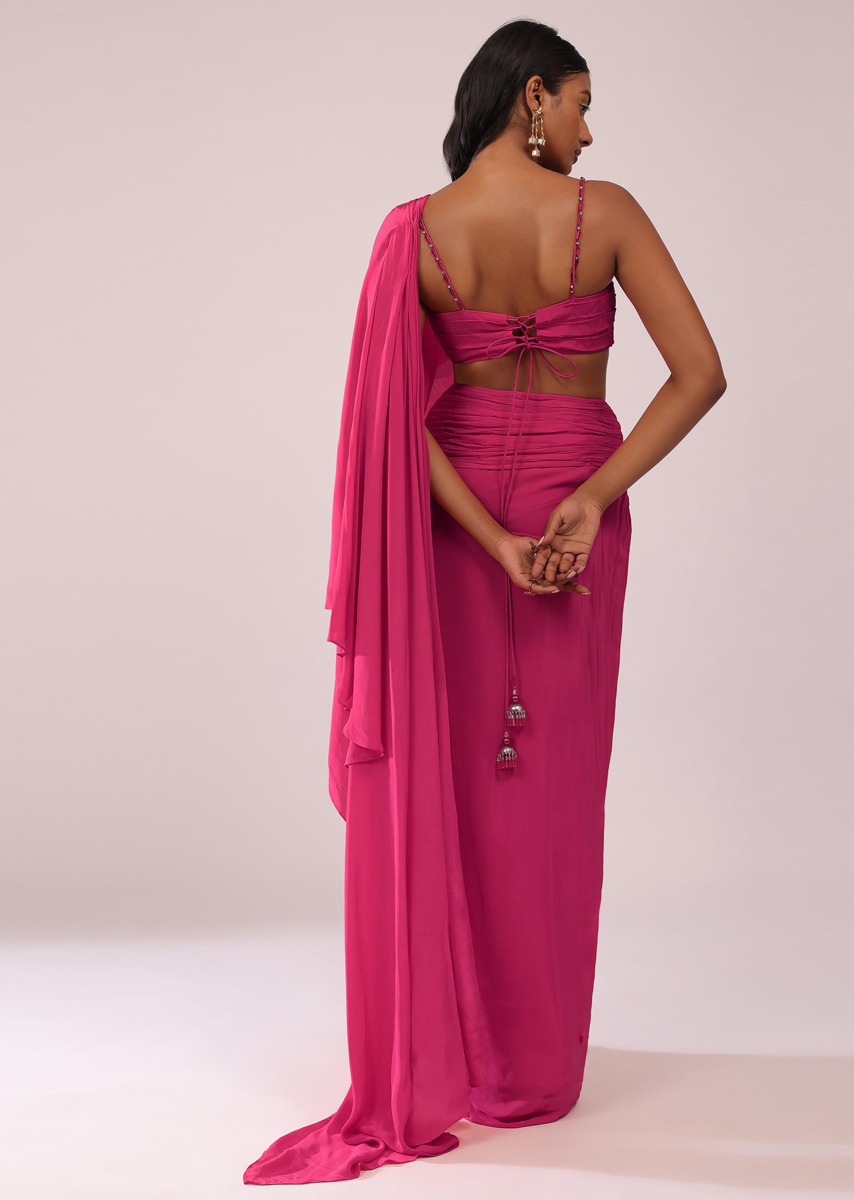 Kalki Fashion,SG147490,Rani Pink Indo-Western Drape Saree And Blouse Crepe