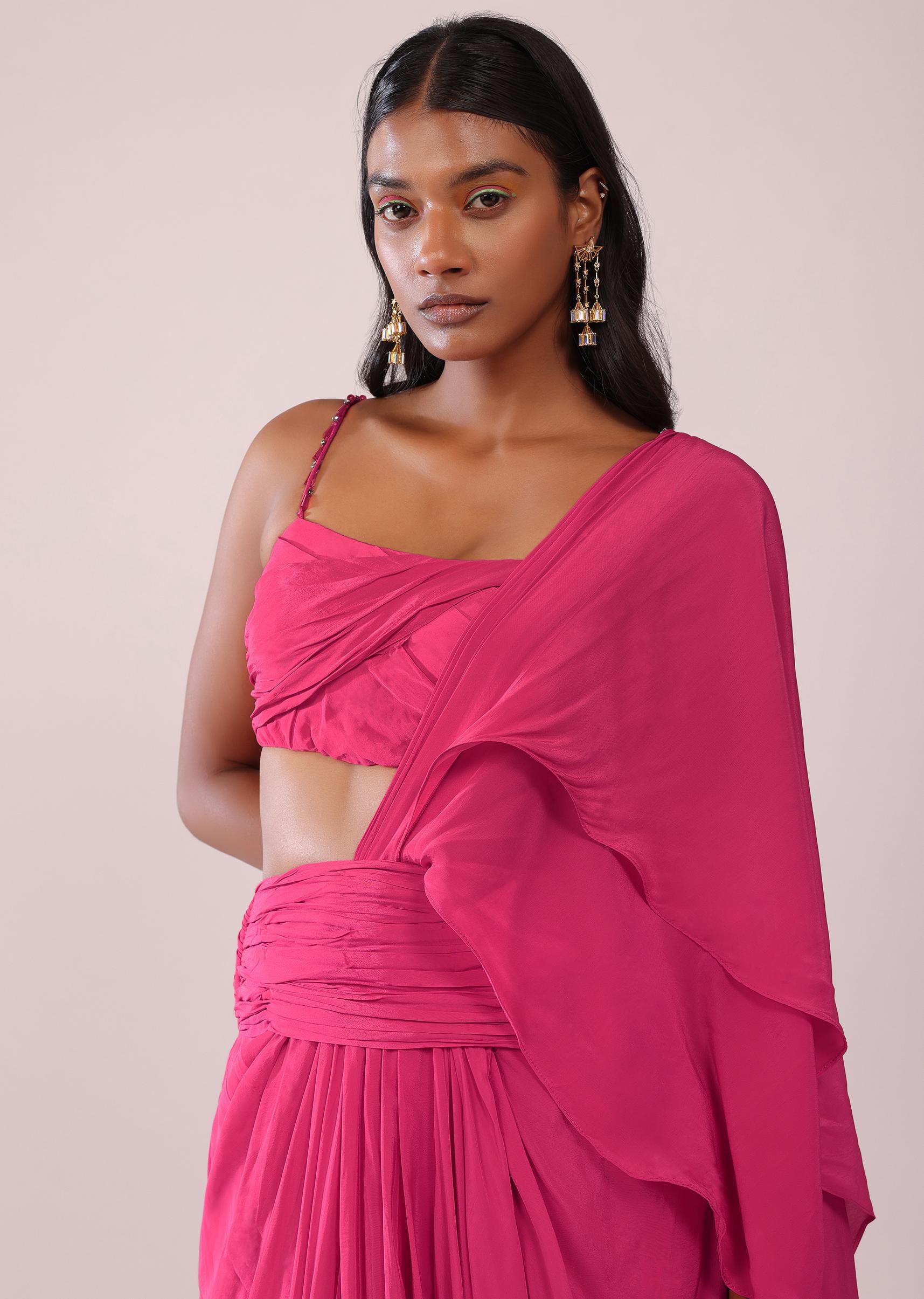 Kalki Fashion,SG147490,Rani Pink Indo-Western Drape Saree And Blouse Crepe