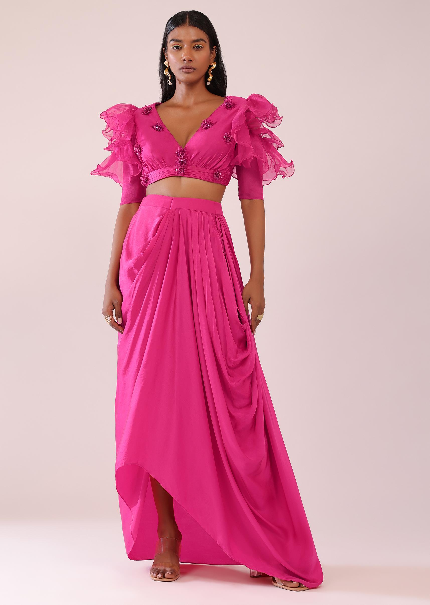 Kalki Fashion,SG148253,Rani Pink Indo-Western Drape Skirt In Satin With Frill Blouse