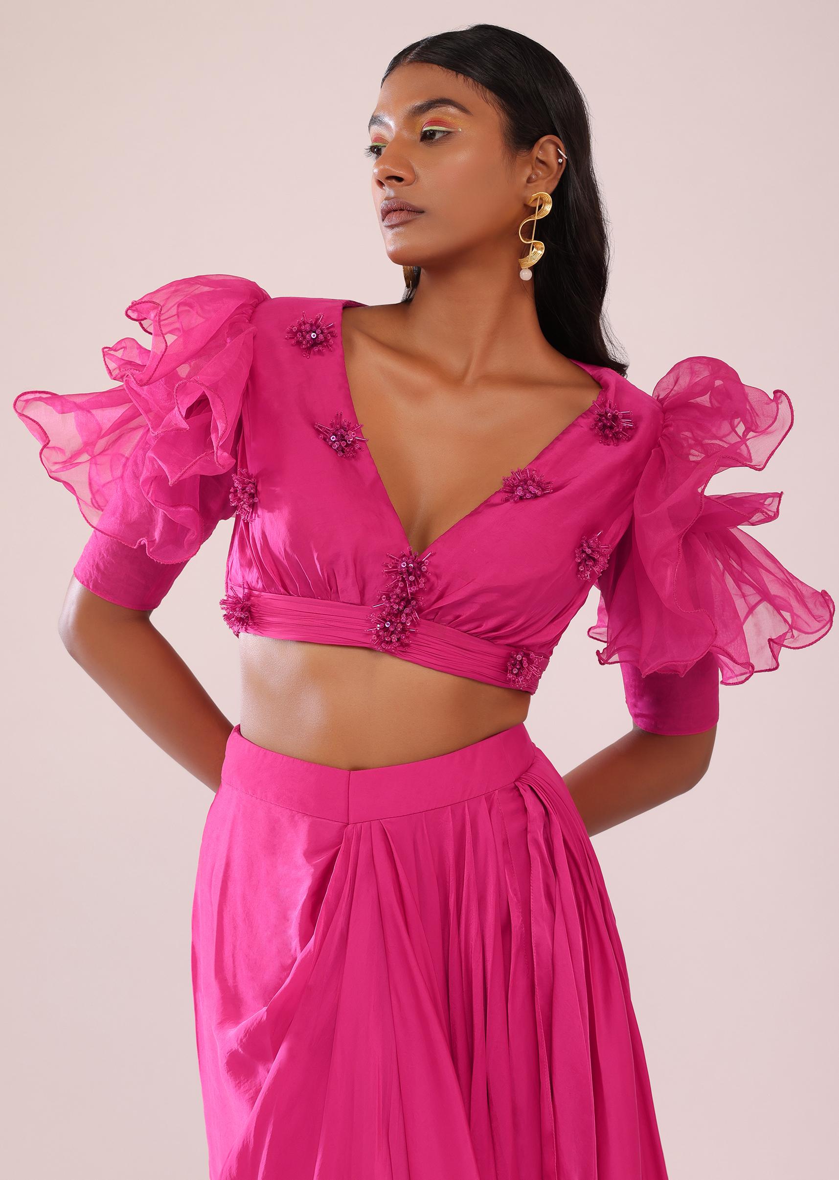 Kalki Fashion,SG148253,Rani Pink Indo-Western Drape Skirt In Satin With Frill Blouse