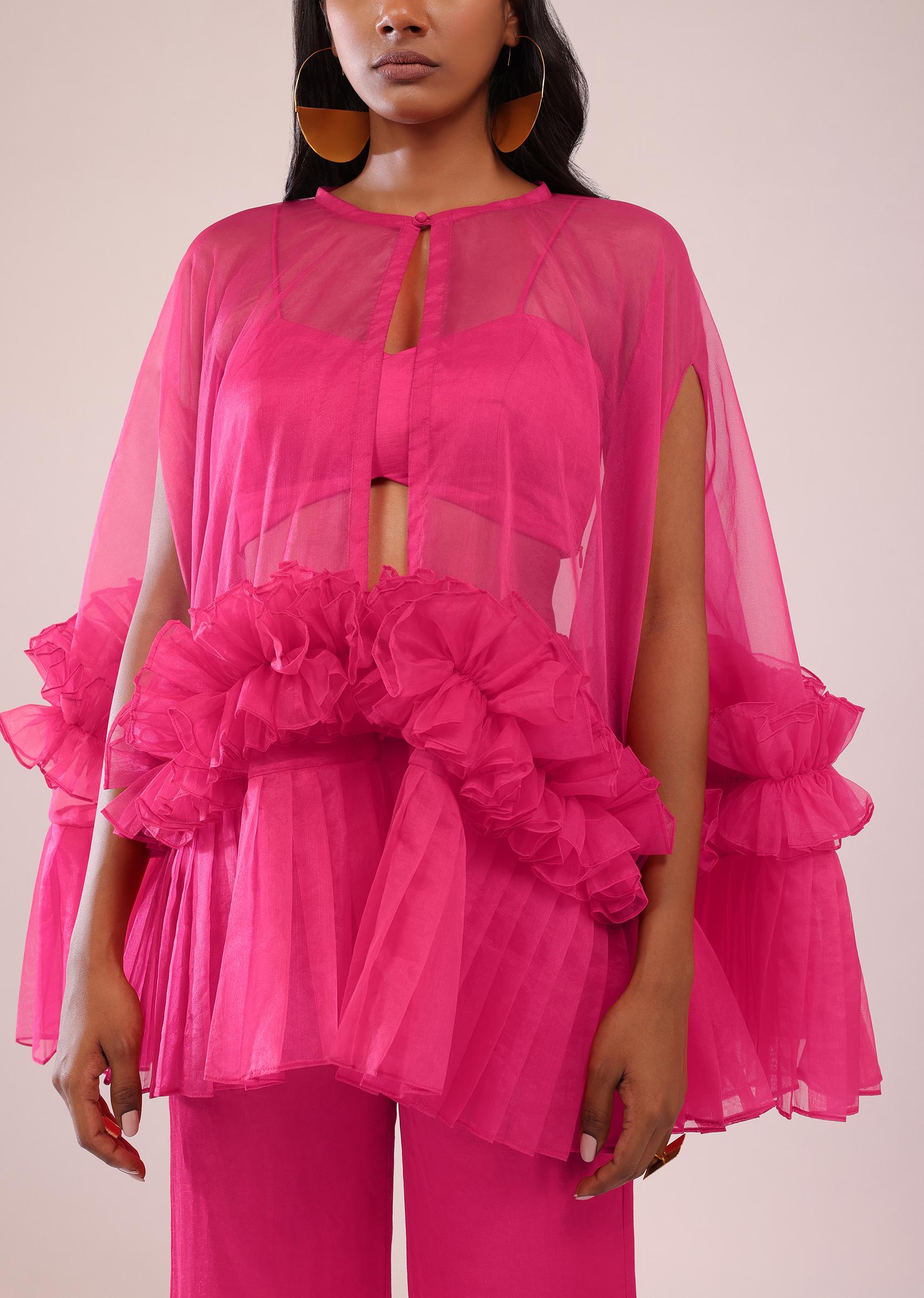 Kalki Fashion,SG149473,Rani Pink Indo-Western Frill Jacket & Pant Set With Bustier In Satin