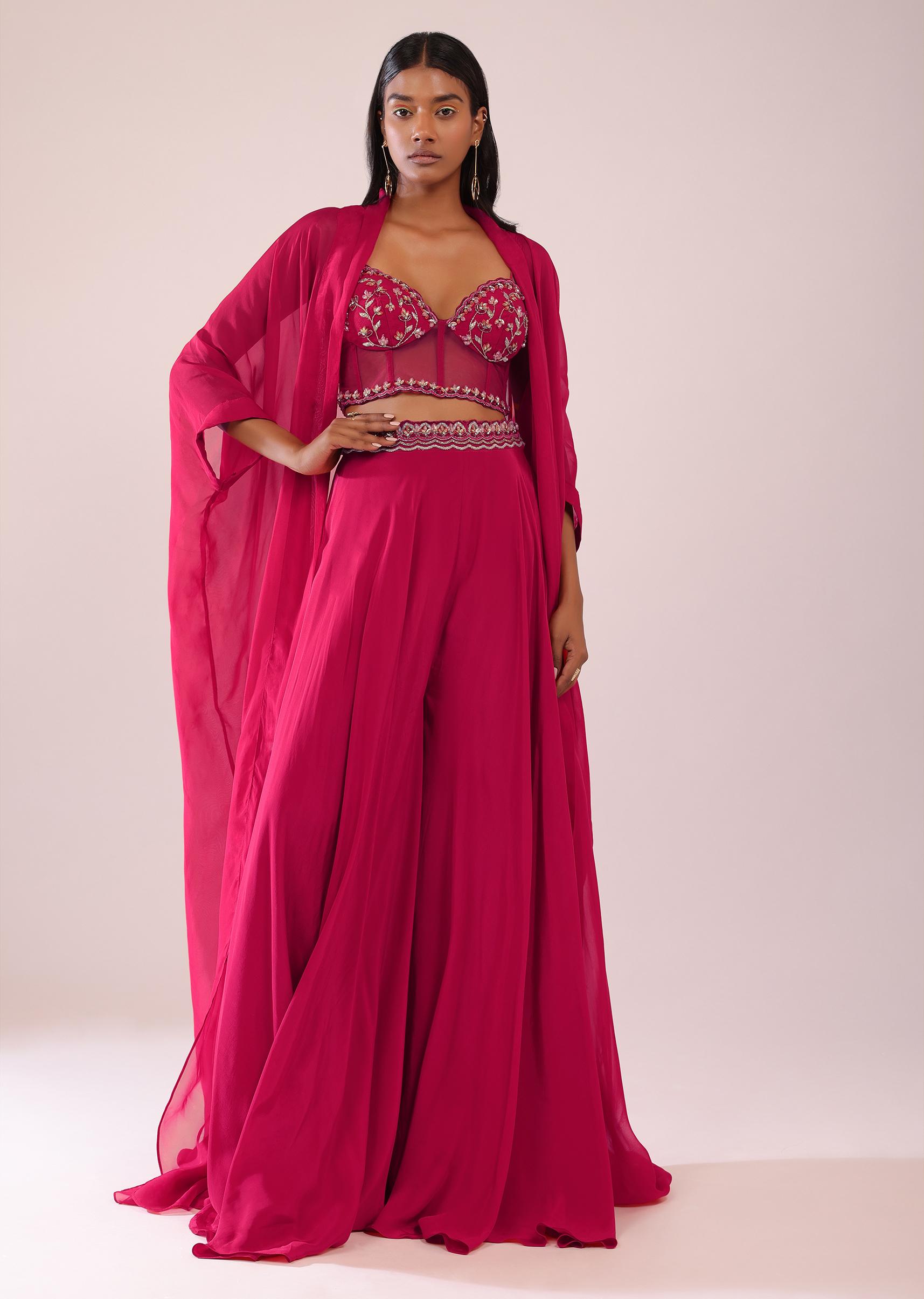 Kalki Fashion,SG147530,Rani Pink Palazzo And Jacket Set In Organza With Corset Blouse