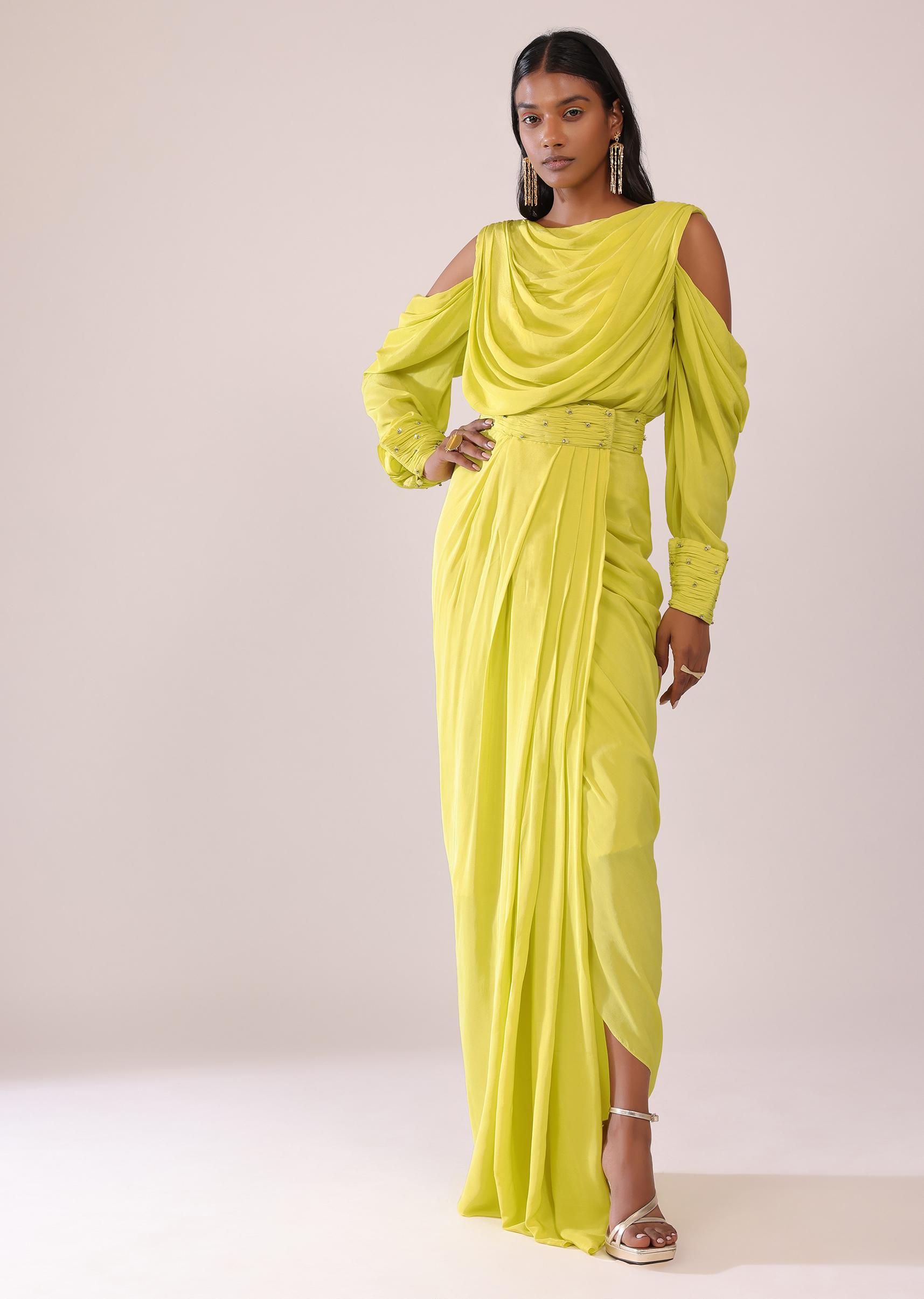 Kalki Fashion,SG146784,Sheen Green Cowl Top And Drape Skirt In Crepe