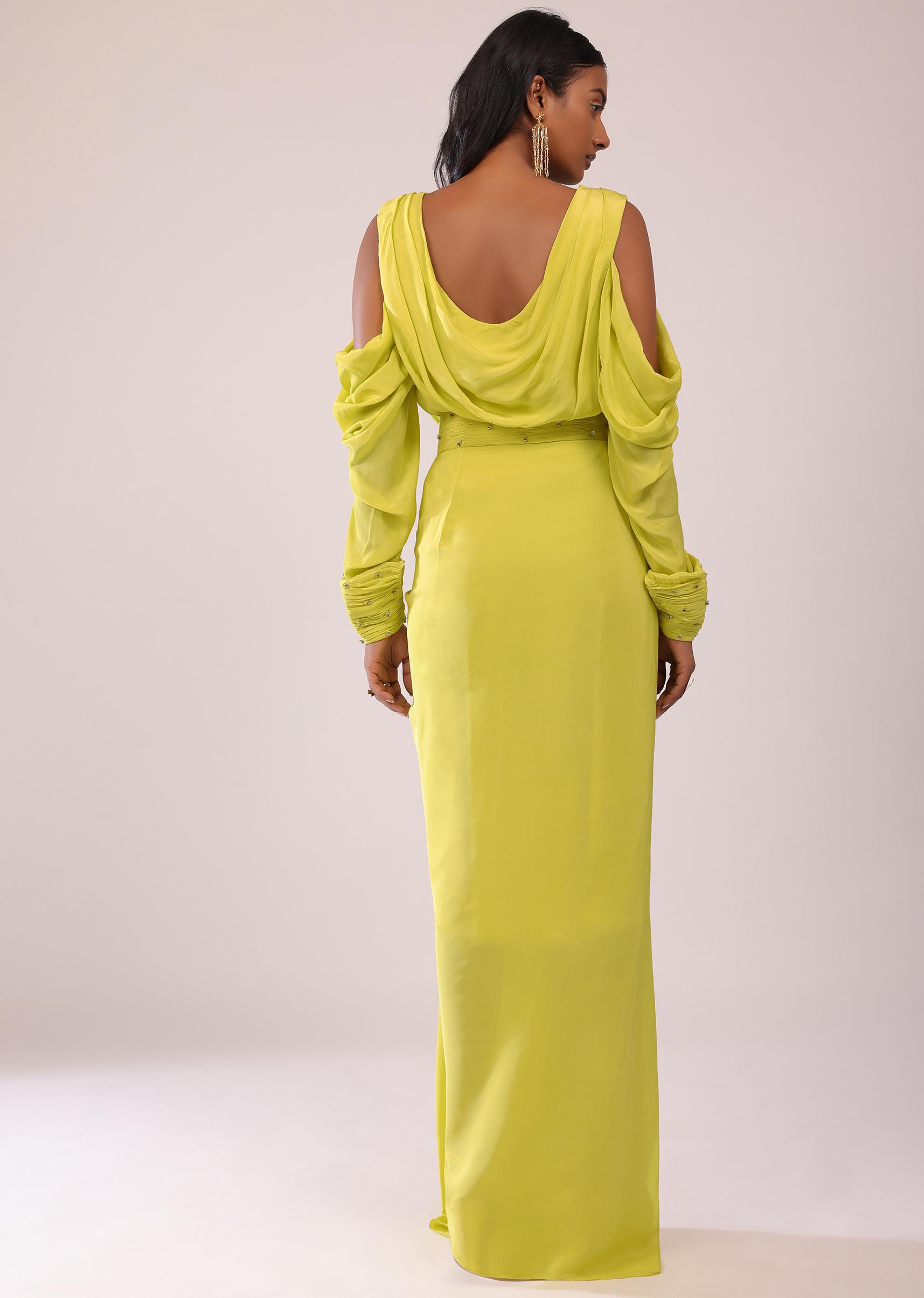 Kalki Fashion,SG146784,Sheen Green Cowl Top And Drape Skirt In Crepe