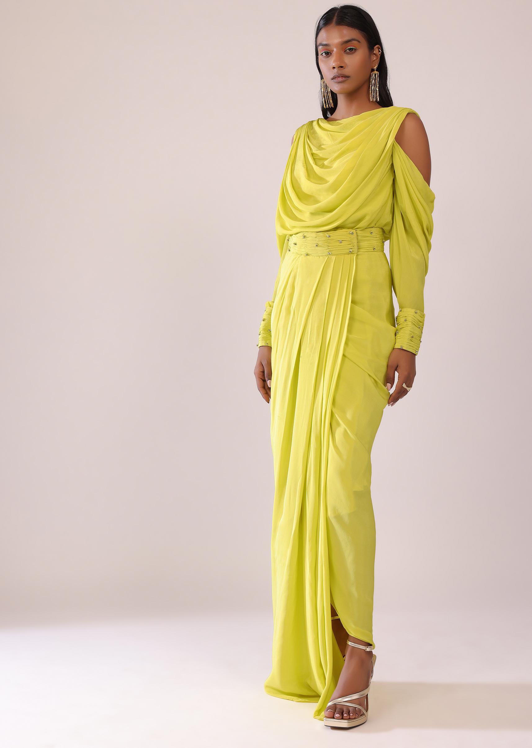 Kalki Fashion,SG146784,Sheen Green Cowl Top And Drape Skirt In Crepe