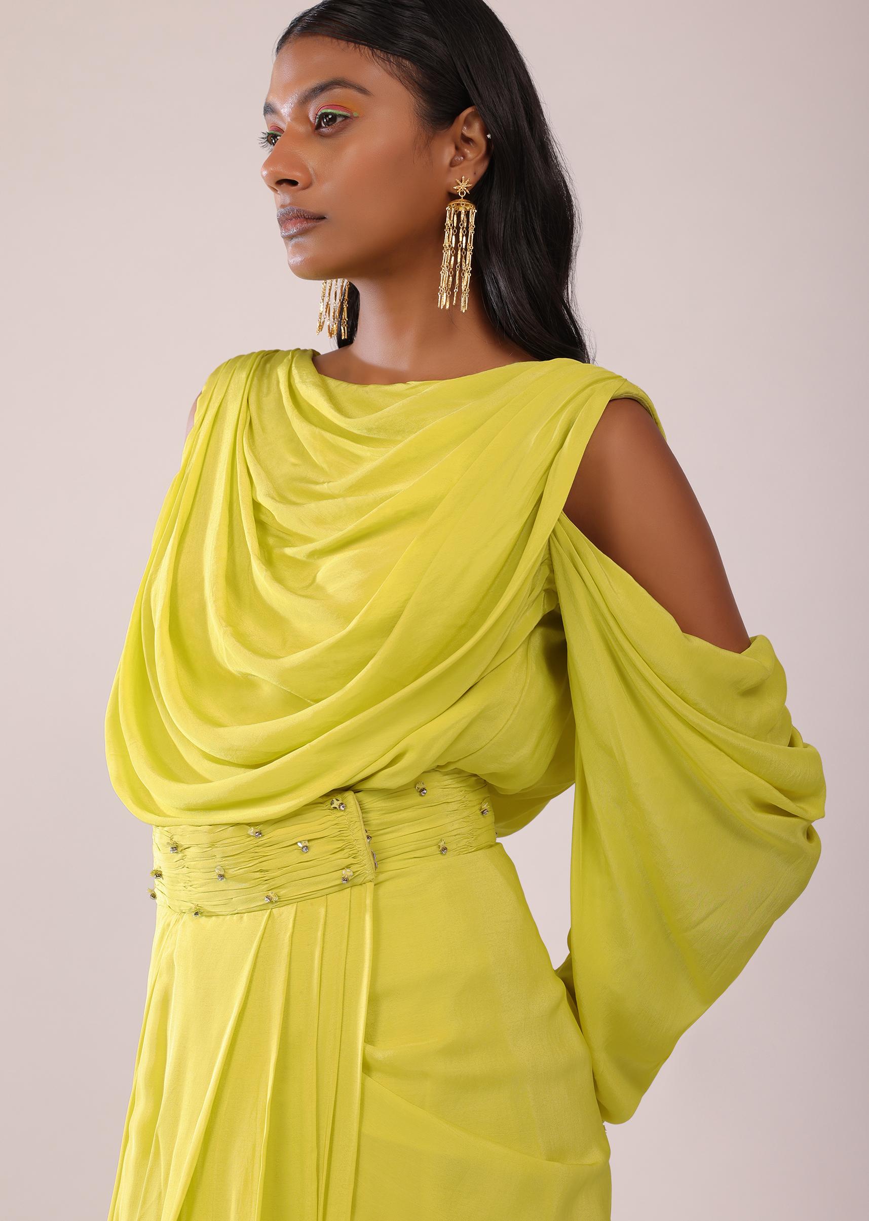 Kalki Fashion,SG146784,Sheen Green Cowl Top And Drape Skirt In Crepe