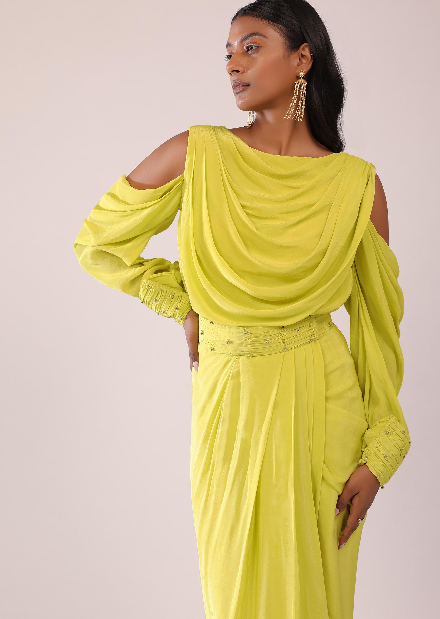 Kalki Fashion,SG146784,Sheen Green Cowl Top And Drape Skirt In Crepe