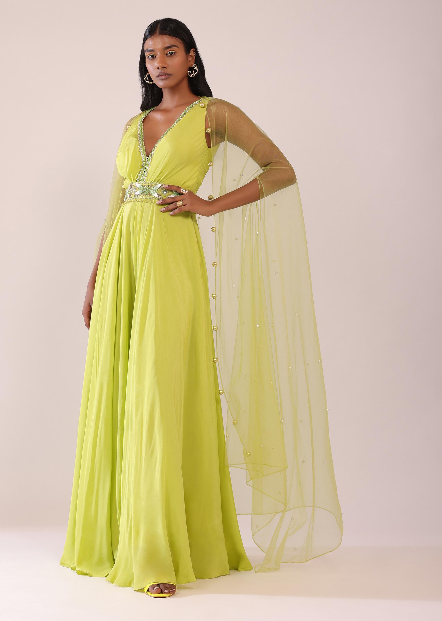 Kalki Fashion,SG147544,Sheen Green Indo-Western Jumpsuit In Crepe With Cutdana, Moti, And Stone Patti