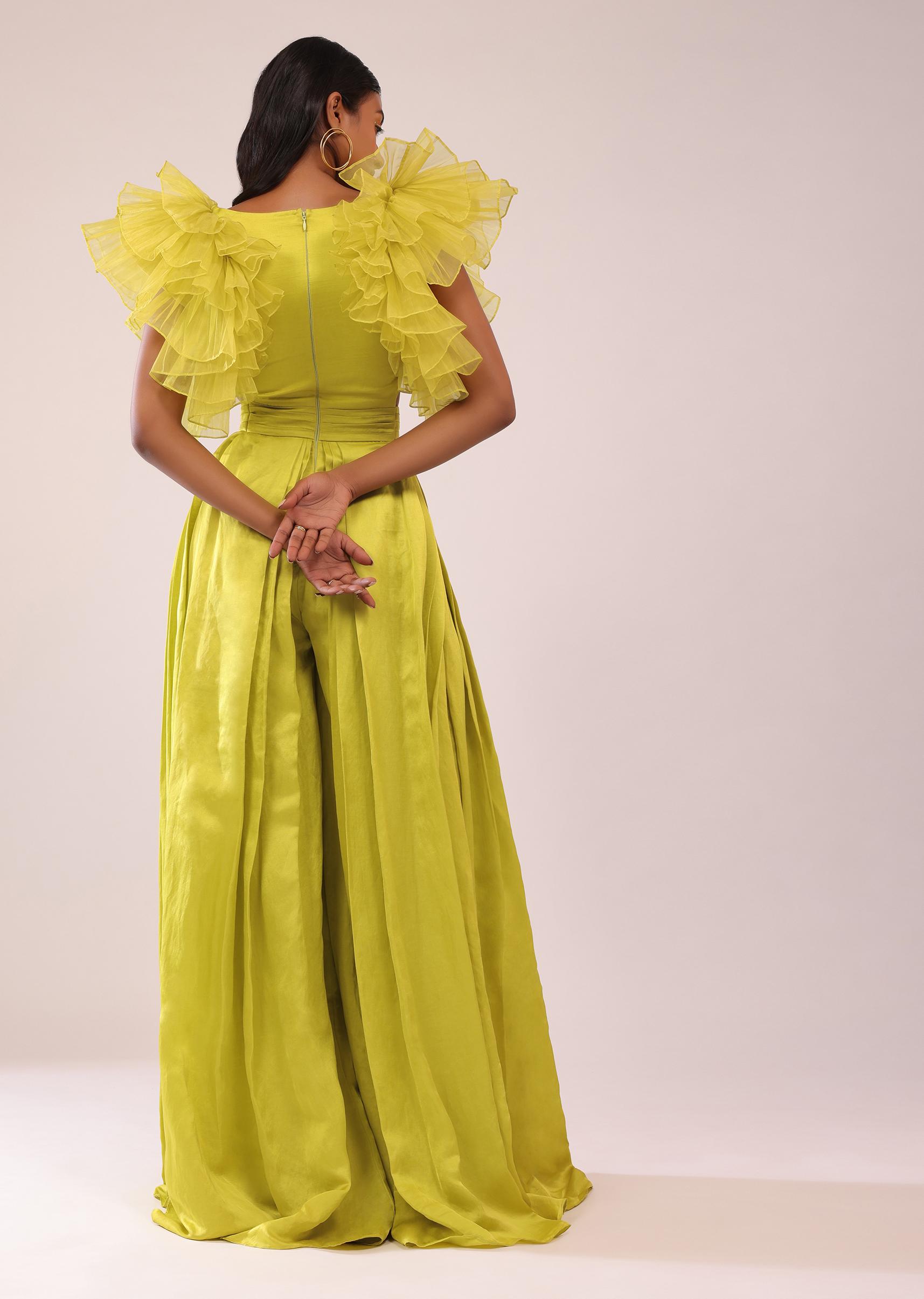 Kalki Fashion,SG149475,Sheen Green Indo-Western Jumpsuit With Ruffle Sleeves In Viscos Linen And Satin