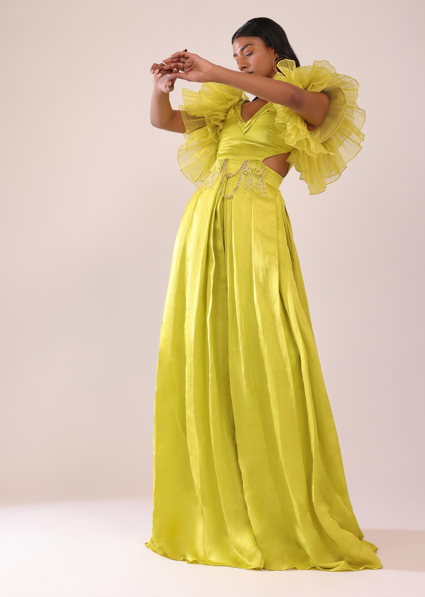 Kalki Fashion,SG149475,Sheen Green Indo-Western Jumpsuit With Ruffle Sleeves In Viscos Linen And Satin