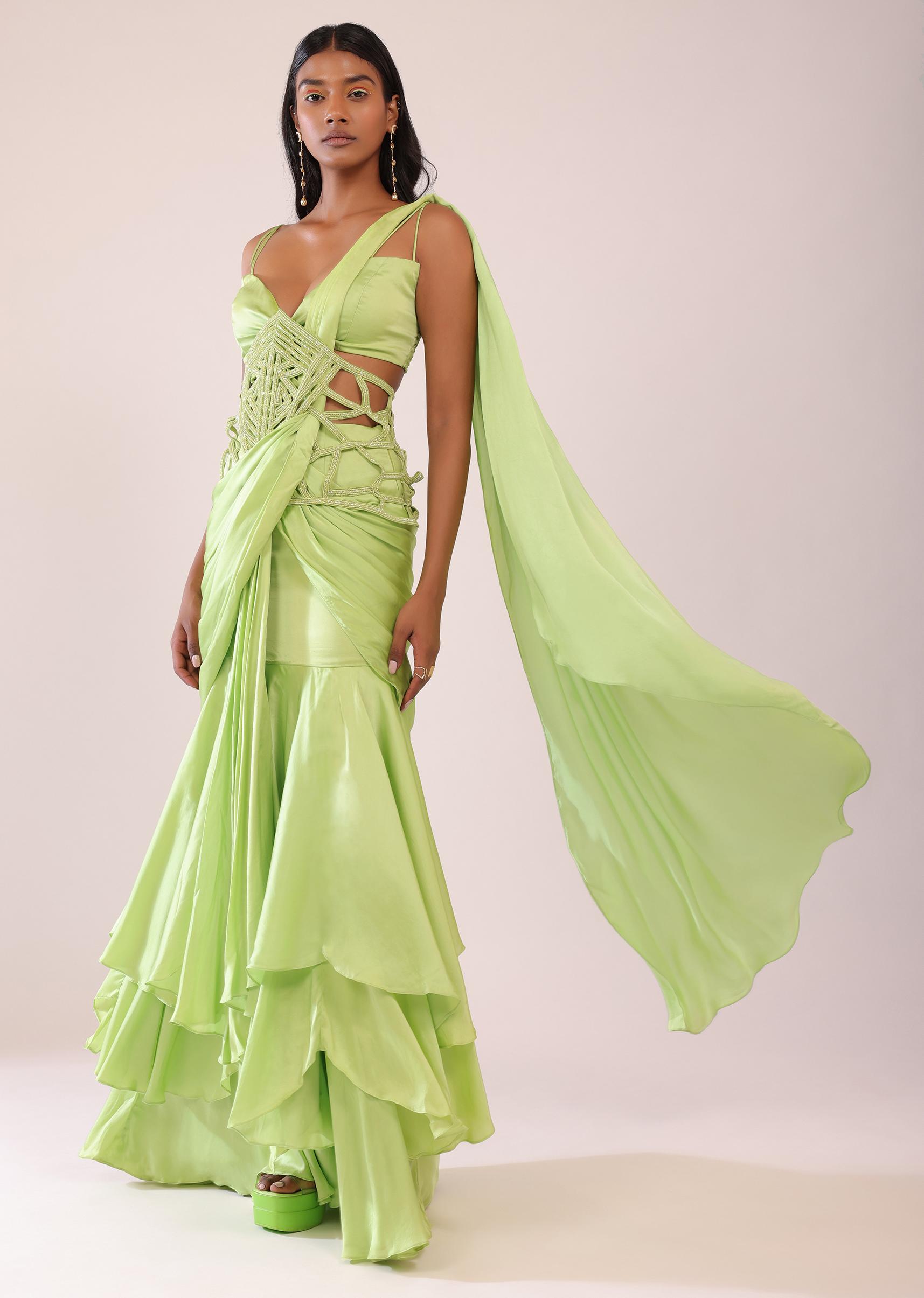 Kalki Fashion,SG148230,Tea Green Drape Saree And Blouse With Embroidered Belt