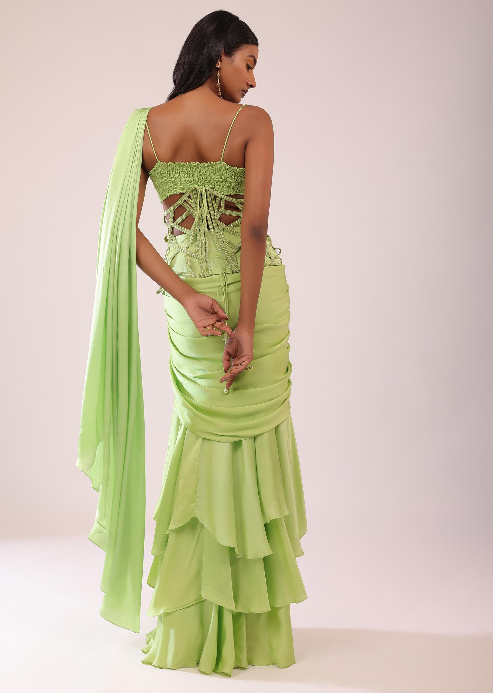 Kalki Fashion,SG148230,Tea Green Drape Saree And Blouse With Embroidered Belt