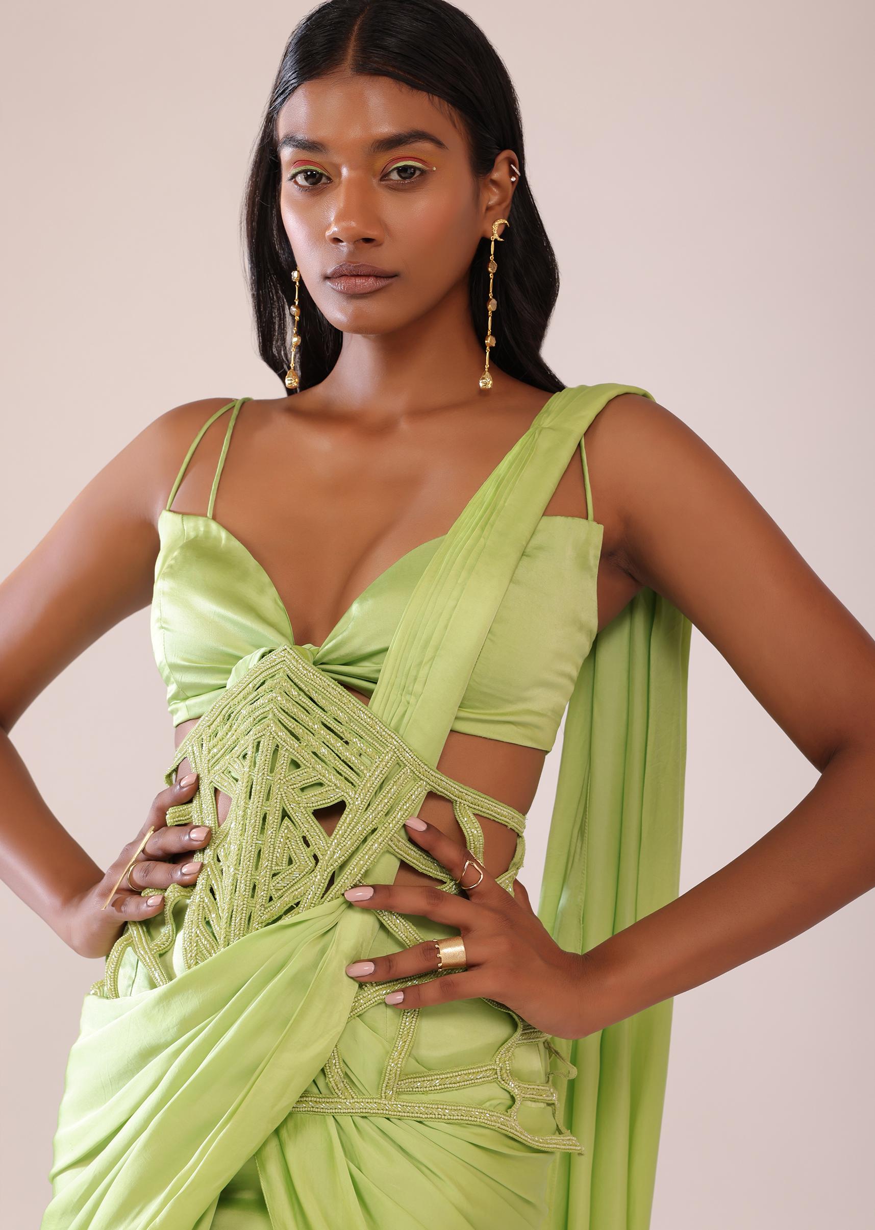 Kalki Fashion,SG148230,Tea Green Drape Saree And Blouse With Embroidered Belt