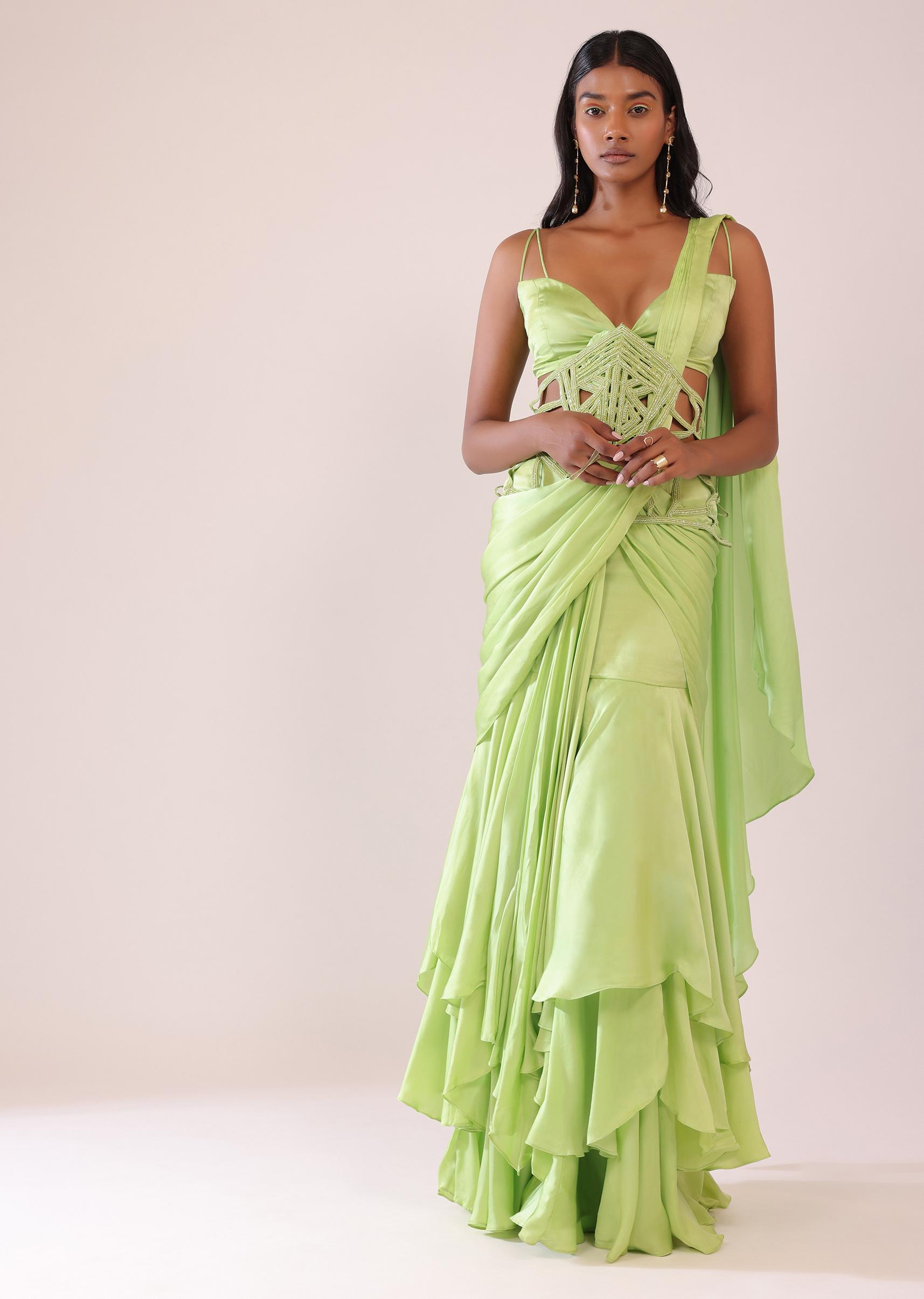 Kalki Fashion,SG148230,Tea Green Drape Saree And Blouse With Embroidered Belt