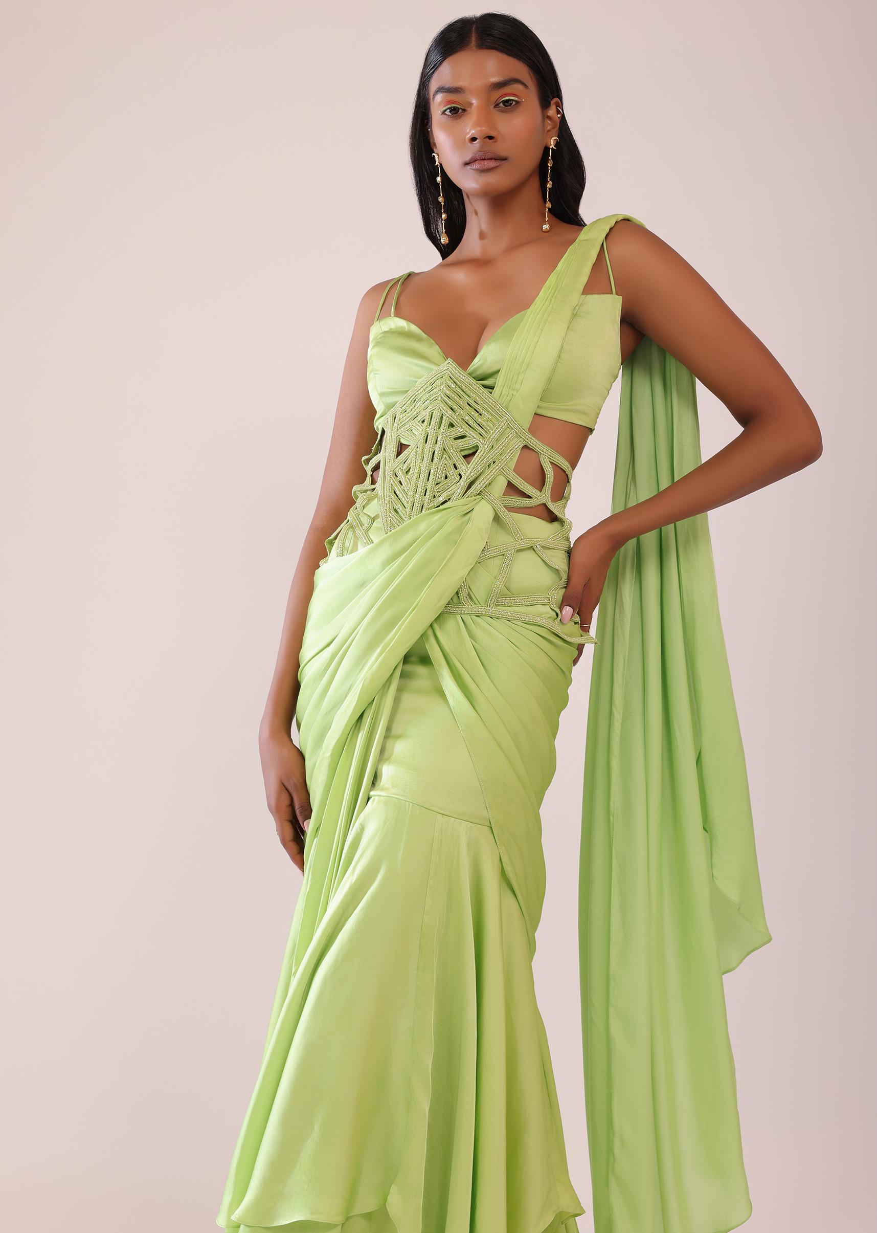 Kalki Fashion,SG148230,Tea Green Drape Saree And Blouse With Embroidered Belt