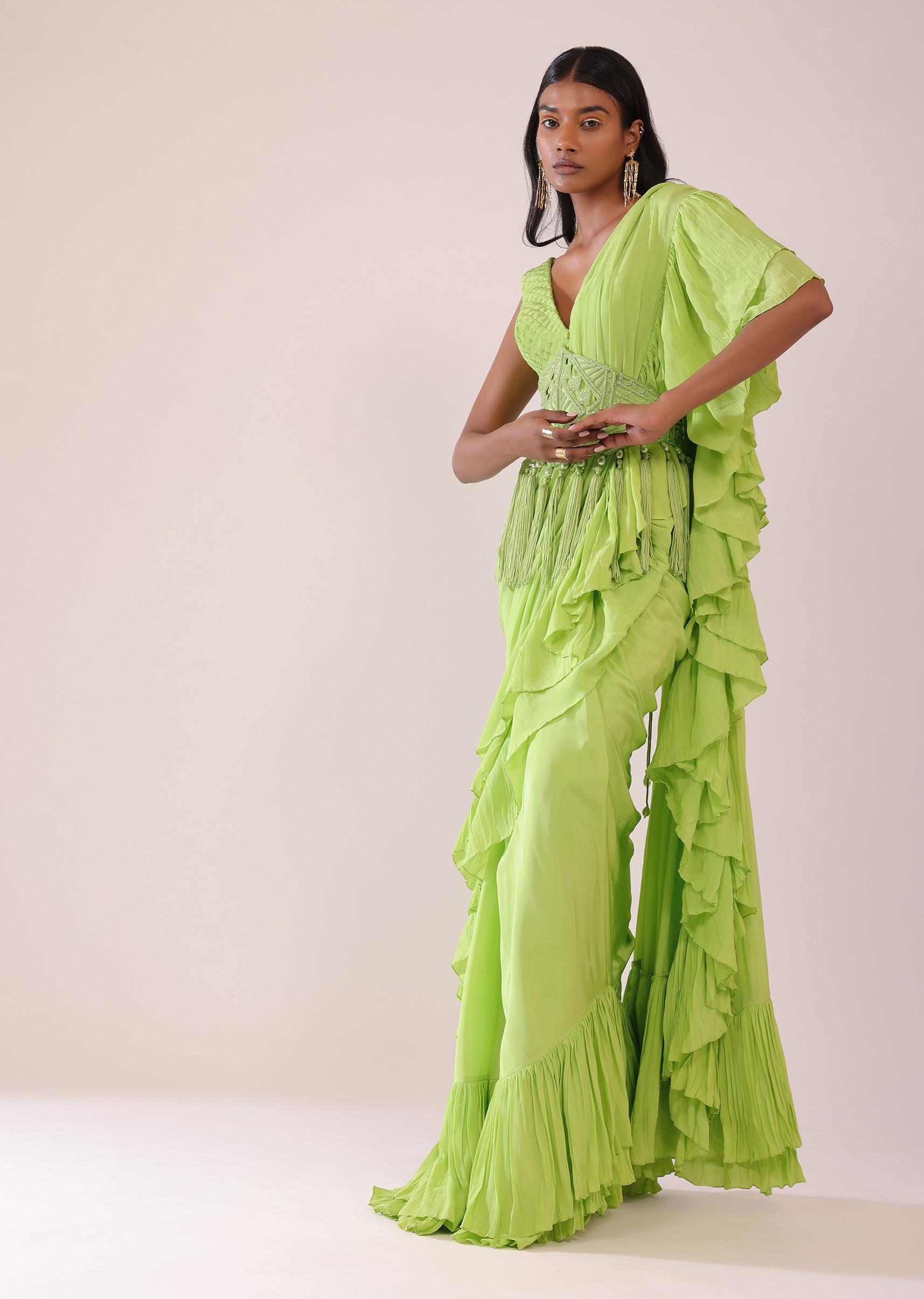 Kalki Fashion,SG148229,Tea Green Stitched Saree In Crepe With Embroidered Belt