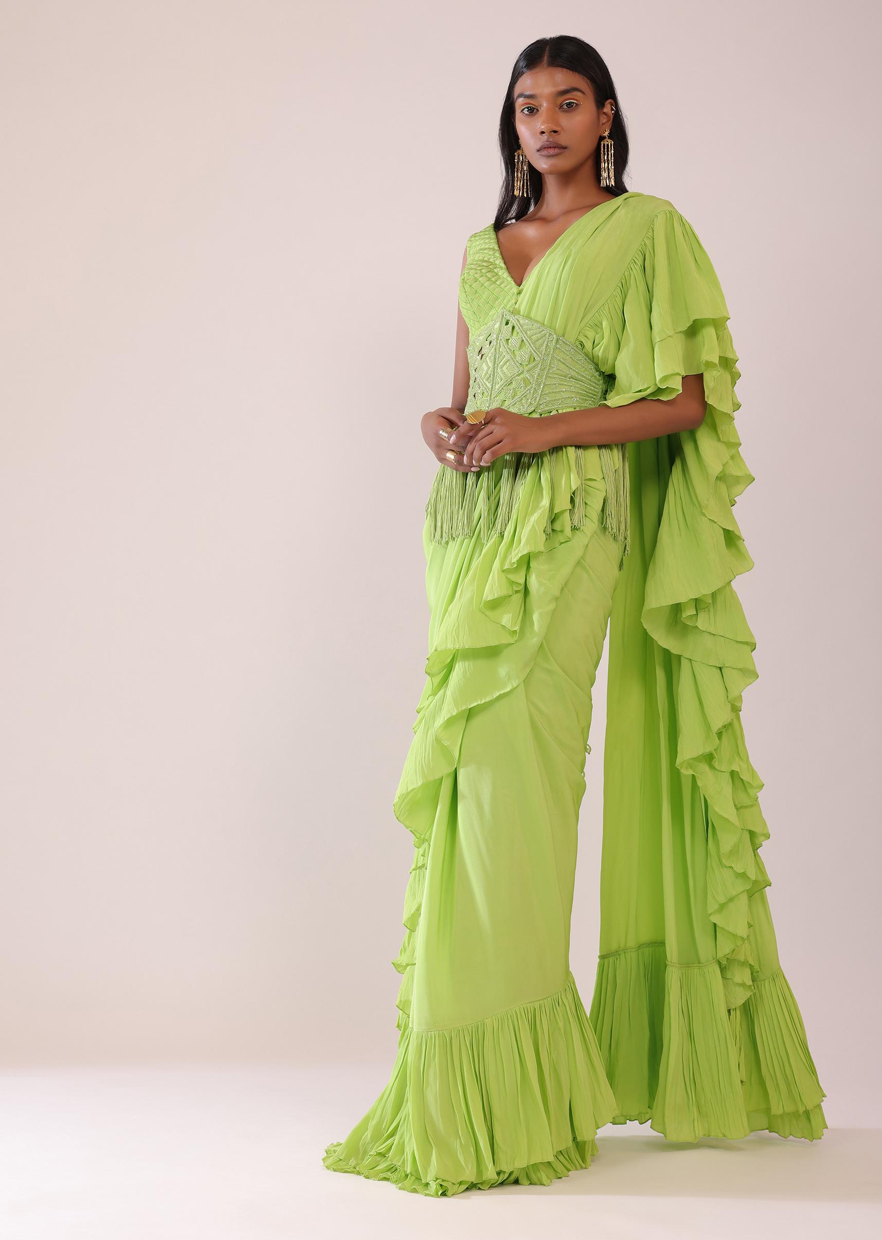 Kalki Fashion,SG148229,Tea Green Stitched Saree In Crepe With Embroidered Belt