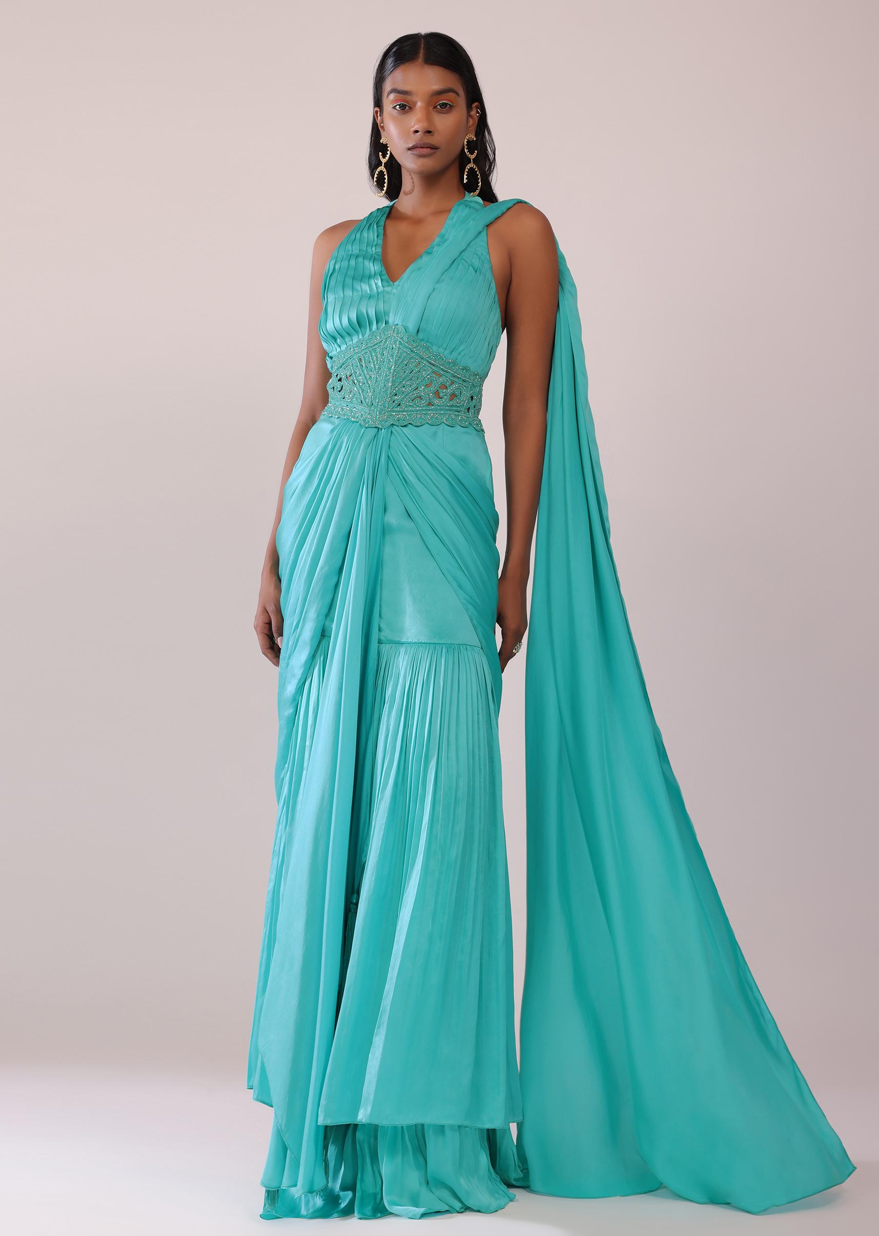 Kalki Fashion,SG148249,Teal Blue Drape Saree And Blouse Set In Satin With Cutdana Embroidery