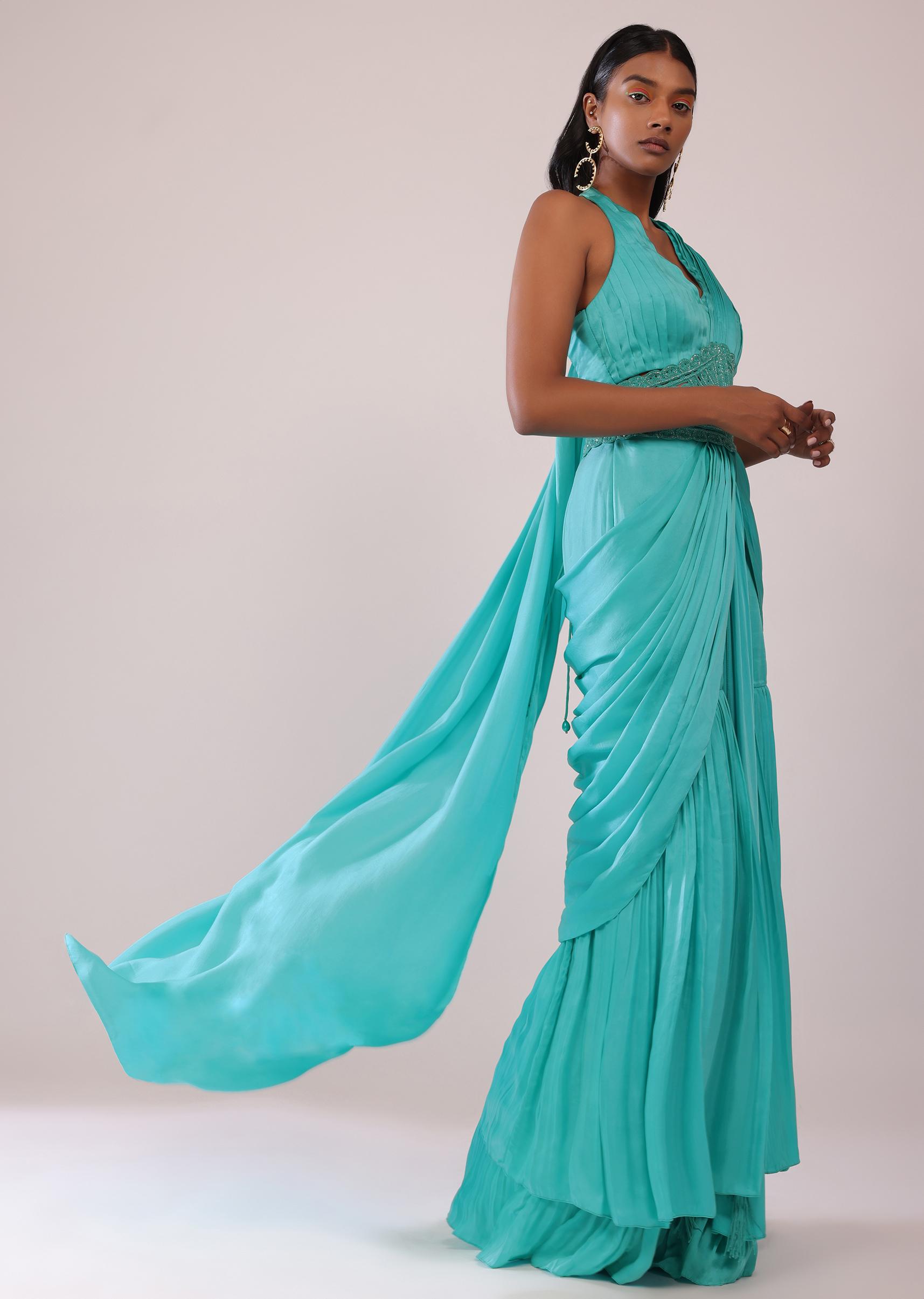 Kalki Fashion,SG148249,Teal Blue Drape Saree And Blouse Set In Satin With Cutdana Embroidery