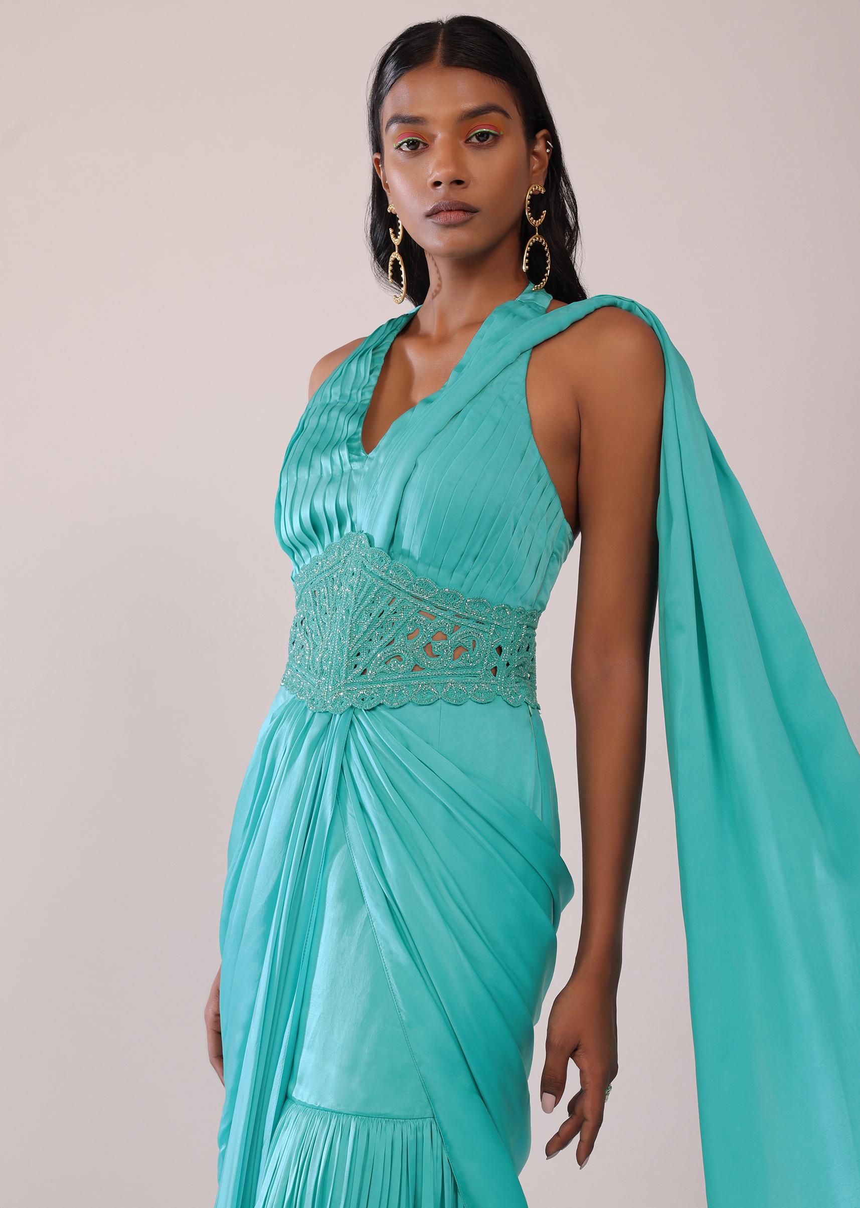 Kalki Fashion,SG148249,Teal Blue Drape Saree And Blouse Set In Satin With Cutdana Embroidery