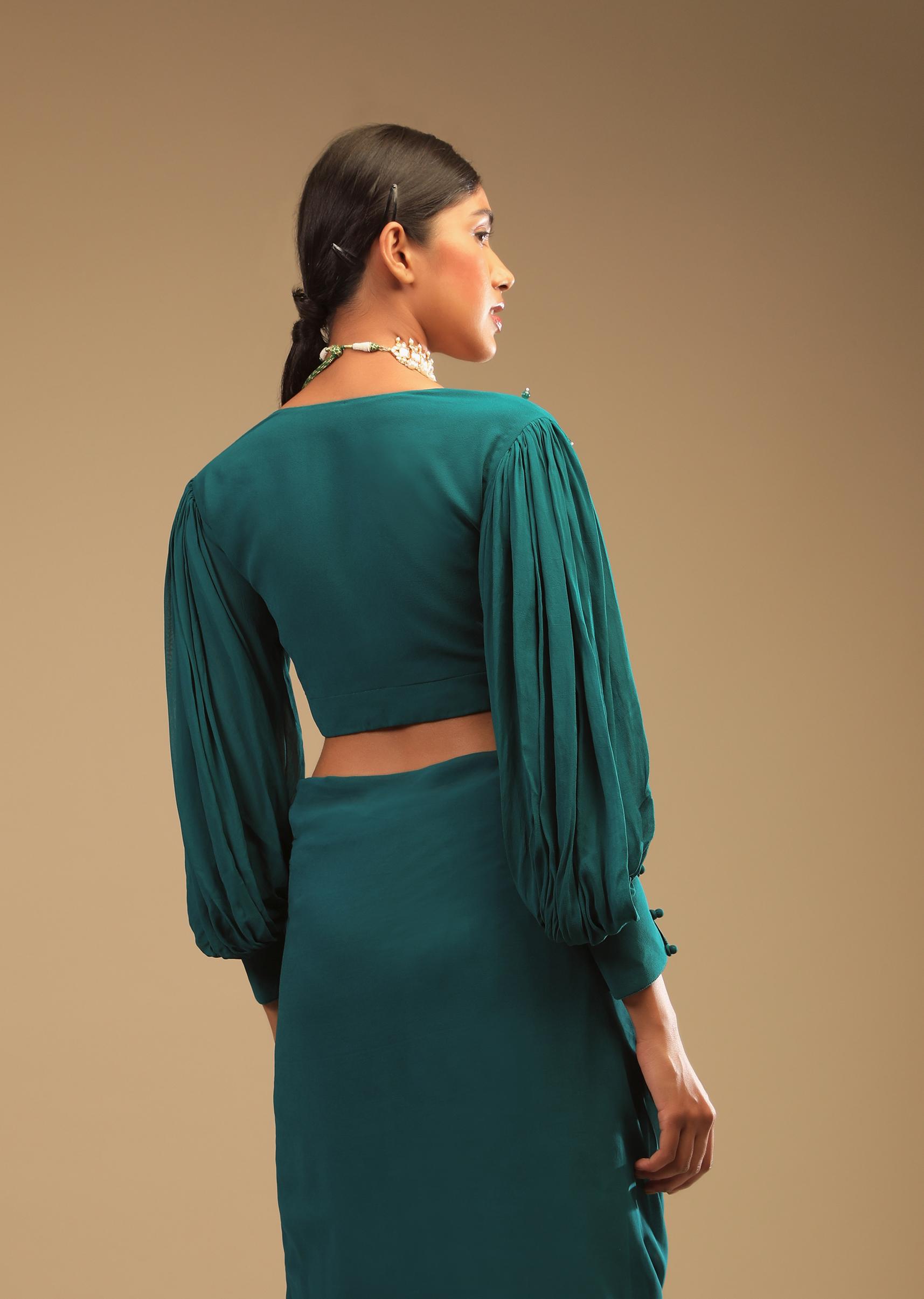 Kalki Fashion,M001AT384Y-SG67110,Teal Blue Saree In Georgette With Ruffle Frill And A Chunky Embroidered Belt